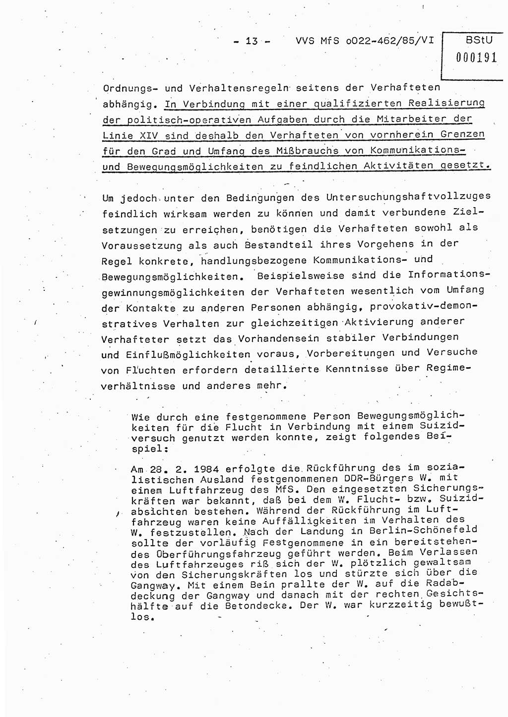 Der Untersuchungshaftvollzug im MfS, Schulungsmaterial Teil Ⅵ, Ministerium für Staatssicherheit [Deutsche Demokratische Republik (DDR)], Abteilung (Abt.) ⅩⅣ, Vertrauliche Verschlußsache (VVS) o022-462/85/Ⅵ, Berlin 1985, Seite 13 (Sch.-Mat. Ⅵ MfS DDR Abt. ⅩⅣ VVS o022-462/85/Ⅵ 1985, S. 13)