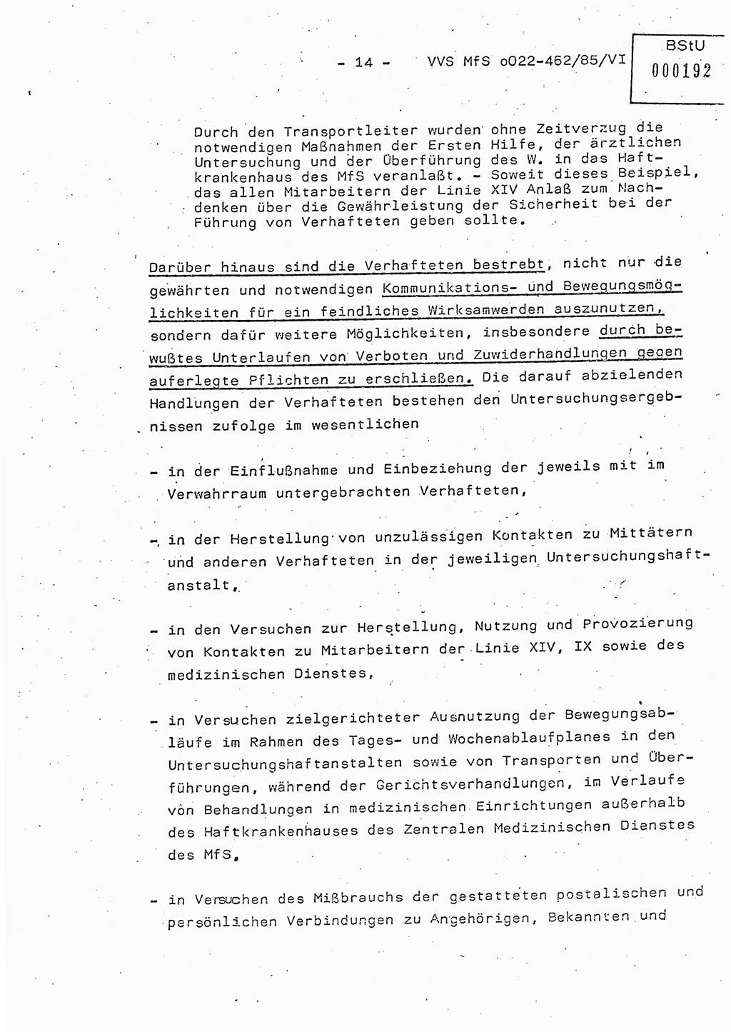 Der Untersuchungshaftvollzug im MfS, Schulungsmaterial Teil Ⅵ, Ministerium für Staatssicherheit [Deutsche Demokratische Republik (DDR)], Abteilung (Abt.) ⅩⅣ, Vertrauliche Verschlußsache (VVS) o022-462/85/Ⅵ, Berlin 1985, Seite 14 (Sch.-Mat. Ⅵ MfS DDR Abt. ⅩⅣ VVS o022-462/85/Ⅵ 1985, S. 14)