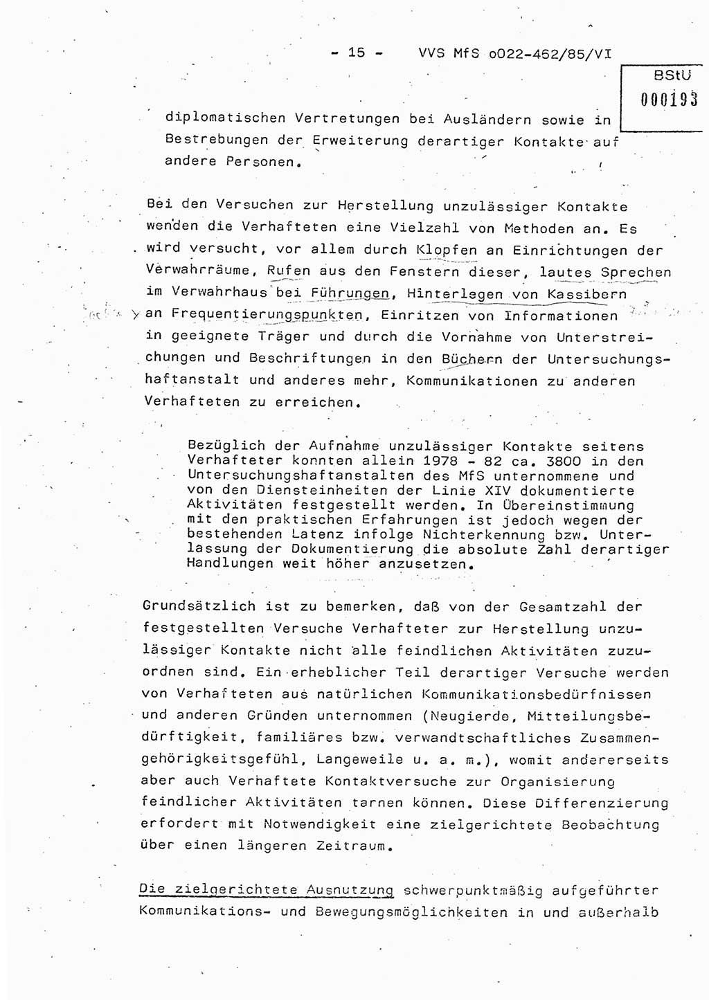 Der Untersuchungshaftvollzug im MfS, Schulungsmaterial Teil Ⅵ, Ministerium für Staatssicherheit [Deutsche Demokratische Republik (DDR)], Abteilung (Abt.) ⅩⅣ, Vertrauliche Verschlußsache (VVS) o022-462/85/Ⅵ, Berlin 1985, Seite 15 (Sch.-Mat. Ⅵ MfS DDR Abt. ⅩⅣ VVS o022-462/85/Ⅵ 1985, S. 15)