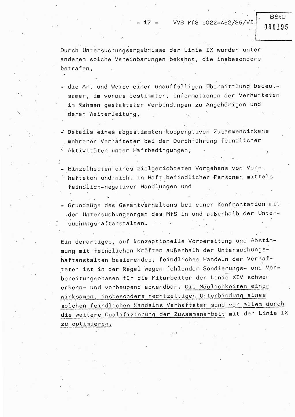 Der Untersuchungshaftvollzug im MfS, Schulungsmaterial Teil Ⅵ, Ministerium für Staatssicherheit [Deutsche Demokratische Republik (DDR)], Abteilung (Abt.) ⅩⅣ, Vertrauliche Verschlußsache (VVS) o022-462/85/Ⅵ, Berlin 1985, Seite 17 (Sch.-Mat. Ⅵ MfS DDR Abt. ⅩⅣ VVS o022-462/85/Ⅵ 1985, S. 17)