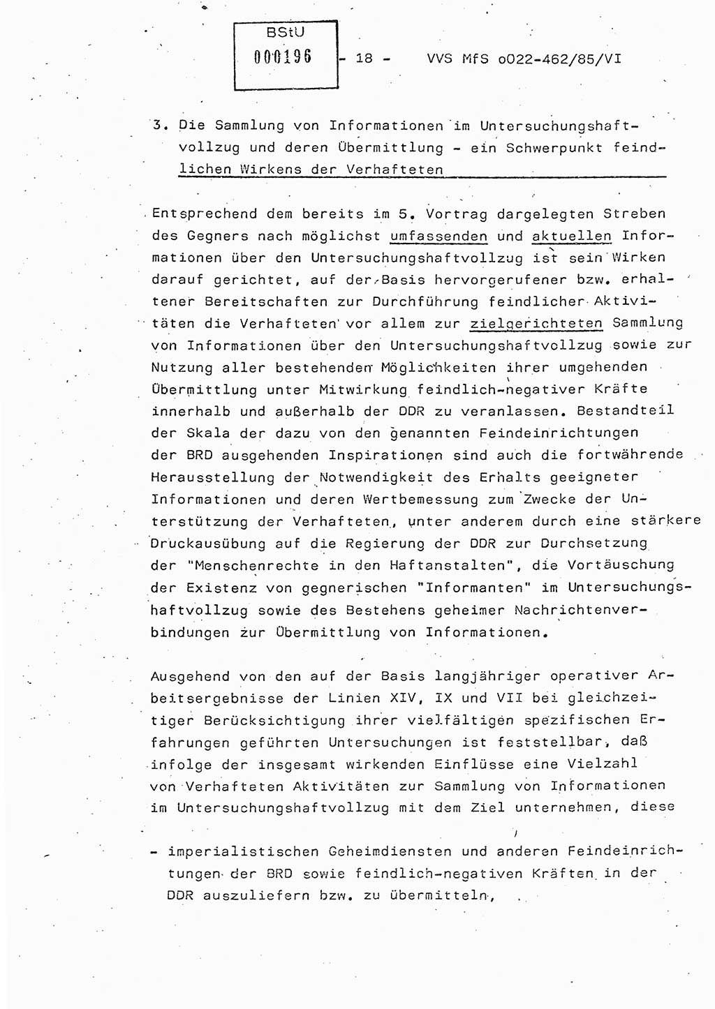 Der Untersuchungshaftvollzug im MfS, Schulungsmaterial Teil Ⅵ, Ministerium für Staatssicherheit [Deutsche Demokratische Republik (DDR)], Abteilung (Abt.) ⅩⅣ, Vertrauliche Verschlußsache (VVS) o022-462/85/Ⅵ, Berlin 1985, Seite 18 (Sch.-Mat. Ⅵ MfS DDR Abt. ⅩⅣ VVS o022-462/85/Ⅵ 1985, S. 18)