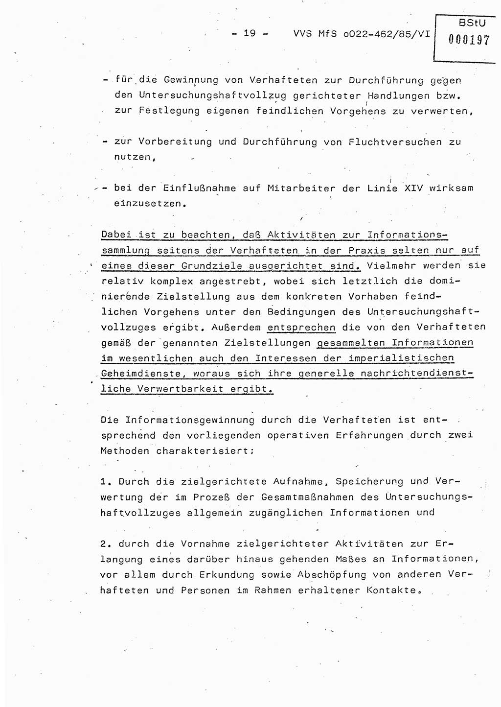 Der Untersuchungshaftvollzug im MfS, Schulungsmaterial Teil Ⅵ, Ministerium für Staatssicherheit [Deutsche Demokratische Republik (DDR)], Abteilung (Abt.) ⅩⅣ, Vertrauliche Verschlußsache (VVS) o022-462/85/Ⅵ, Berlin 1985, Seite 19 (Sch.-Mat. Ⅵ MfS DDR Abt. ⅩⅣ VVS o022-462/85/Ⅵ 1985, S. 19)