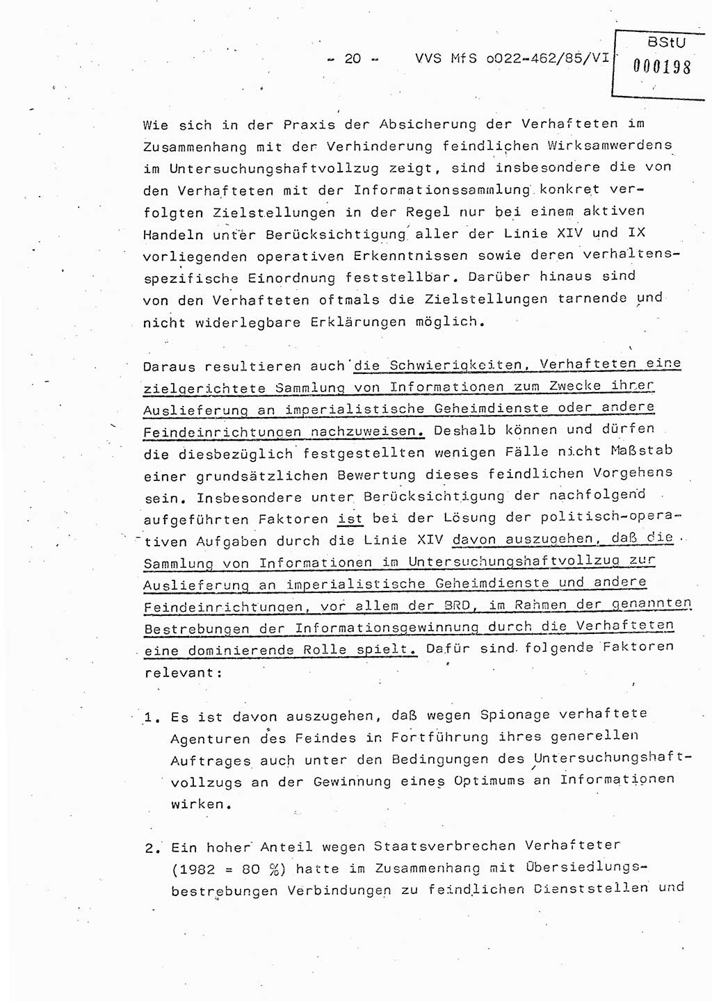 Der Untersuchungshaftvollzug im MfS, Schulungsmaterial Teil Ⅵ, Ministerium für Staatssicherheit [Deutsche Demokratische Republik (DDR)], Abteilung (Abt.) ⅩⅣ, Vertrauliche Verschlußsache (VVS) o022-462/85/Ⅵ, Berlin 1985, Seite 20 (Sch.-Mat. Ⅵ MfS DDR Abt. ⅩⅣ VVS o022-462/85/Ⅵ 1985, S. 20)