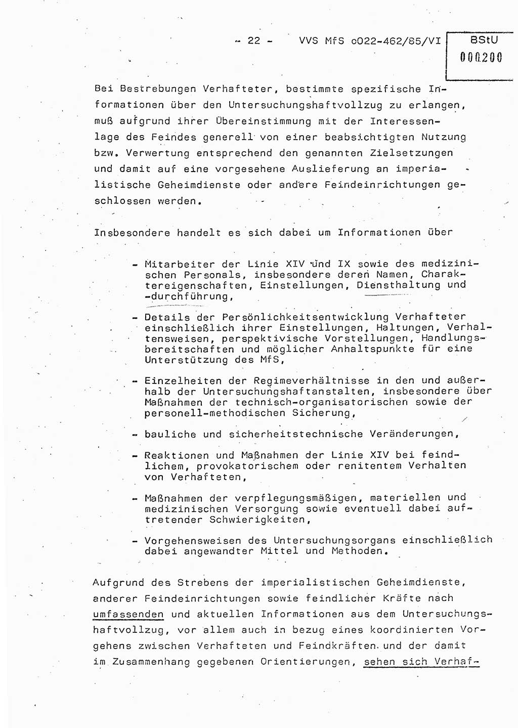 Der Untersuchungshaftvollzug im MfS, Schulungsmaterial Teil Ⅵ, Ministerium für Staatssicherheit [Deutsche Demokratische Republik (DDR)], Abteilung (Abt.) ⅩⅣ, Vertrauliche Verschlußsache (VVS) o022-462/85/Ⅵ, Berlin 1985, Seite 22 (Sch.-Mat. Ⅵ MfS DDR Abt. ⅩⅣ VVS o022-462/85/Ⅵ 1985, S. 22)