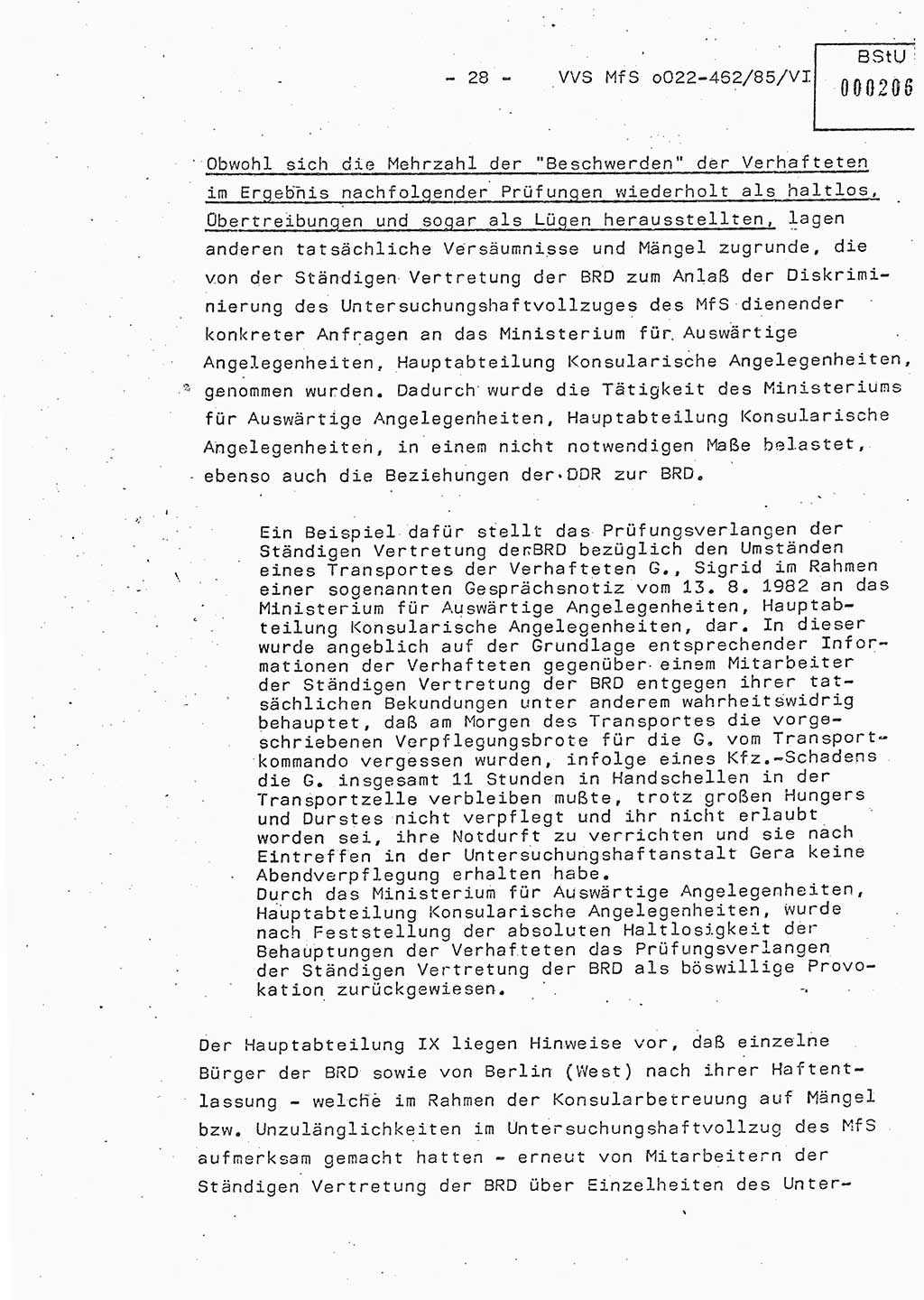 Der Untersuchungshaftvollzug im MfS, Schulungsmaterial Teil Ⅵ, Ministerium für Staatssicherheit [Deutsche Demokratische Republik (DDR)], Abteilung (Abt.) ⅩⅣ, Vertrauliche Verschlußsache (VVS) o022-462/85/Ⅵ, Berlin 1985, Seite 28 (Sch.-Mat. Ⅵ MfS DDR Abt. ⅩⅣ VVS o022-462/85/Ⅵ 1985, S. 28)