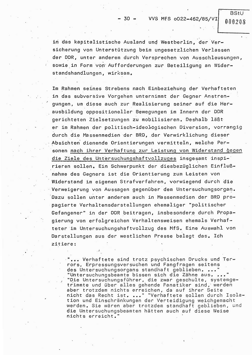 Der Untersuchungshaftvollzug im MfS, Schulungsmaterial Teil Ⅵ, Ministerium für Staatssicherheit [Deutsche Demokratische Republik (DDR)], Abteilung (Abt.) ⅩⅣ, Vertrauliche Verschlußsache (VVS) o022-462/85/Ⅵ, Berlin 1985, Seite 30 (Sch.-Mat. Ⅵ MfS DDR Abt. ⅩⅣ VVS o022-462/85/Ⅵ 1985, S. 30)