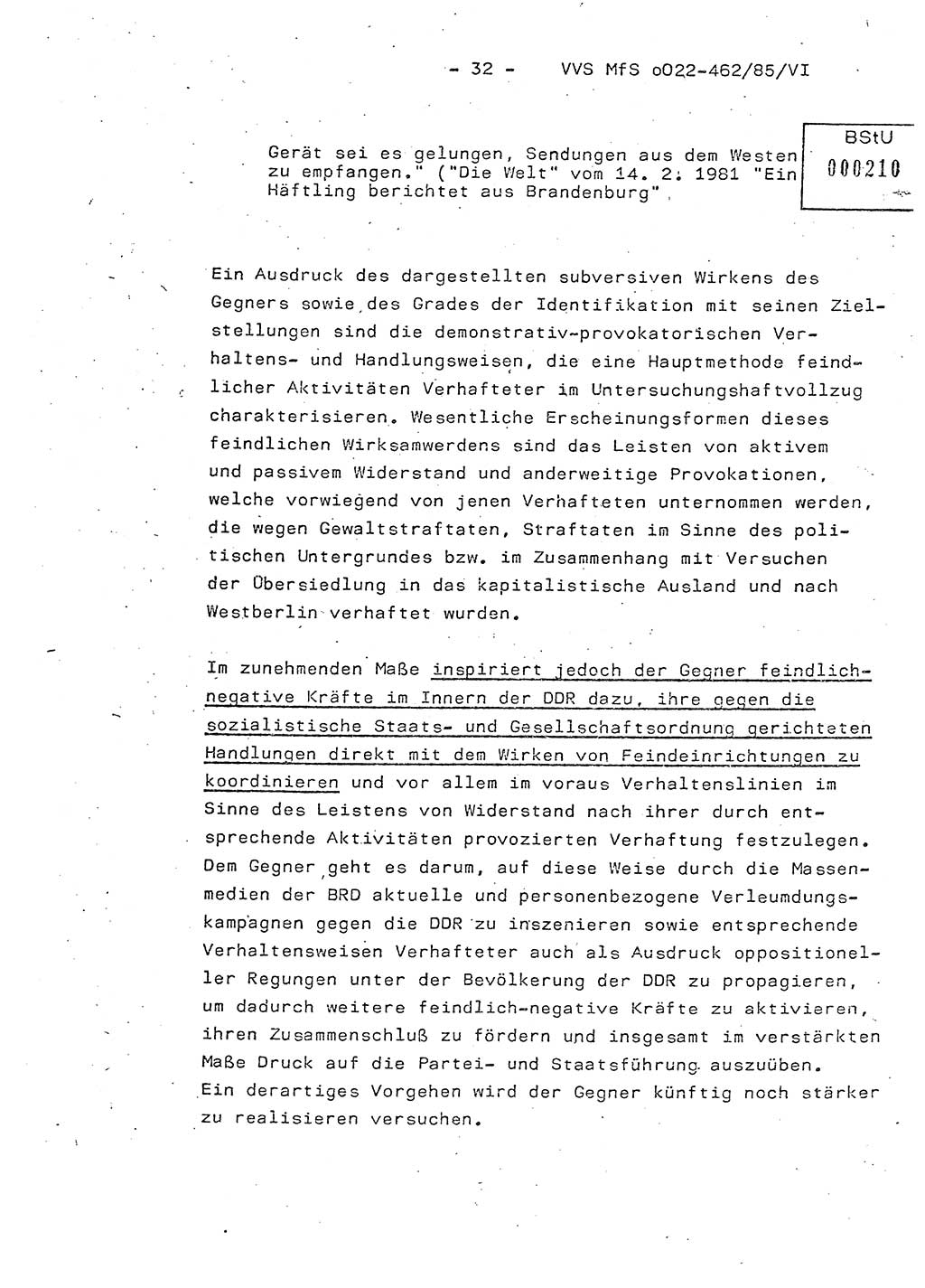 Der Untersuchungshaftvollzug im MfS, Schulungsmaterial Teil Ⅵ, Ministerium für Staatssicherheit [Deutsche Demokratische Republik (DDR)], Abteilung (Abt.) ⅩⅣ, Vertrauliche Verschlußsache (VVS) o022-462/85/Ⅵ, Berlin 1985, Seite 32 (Sch.-Mat. Ⅵ MfS DDR Abt. ⅩⅣ VVS o022-462/85/Ⅵ 1985, S. 32)
