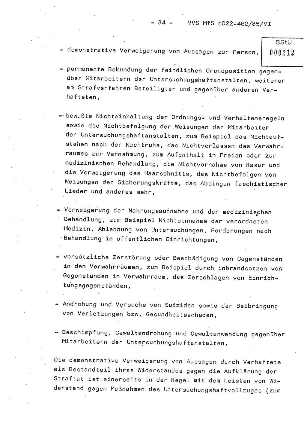 Der Untersuchungshaftvollzug im MfS, Schulungsmaterial Teil Ⅵ, Ministerium für Staatssicherheit [Deutsche Demokratische Republik (DDR)], Abteilung (Abt.) ⅩⅣ, Vertrauliche Verschlußsache (VVS) o022-462/85/Ⅵ, Berlin 1985, Seite 34 (Sch.-Mat. Ⅵ MfS DDR Abt. ⅩⅣ VVS o022-462/85/Ⅵ 1985, S. 34)