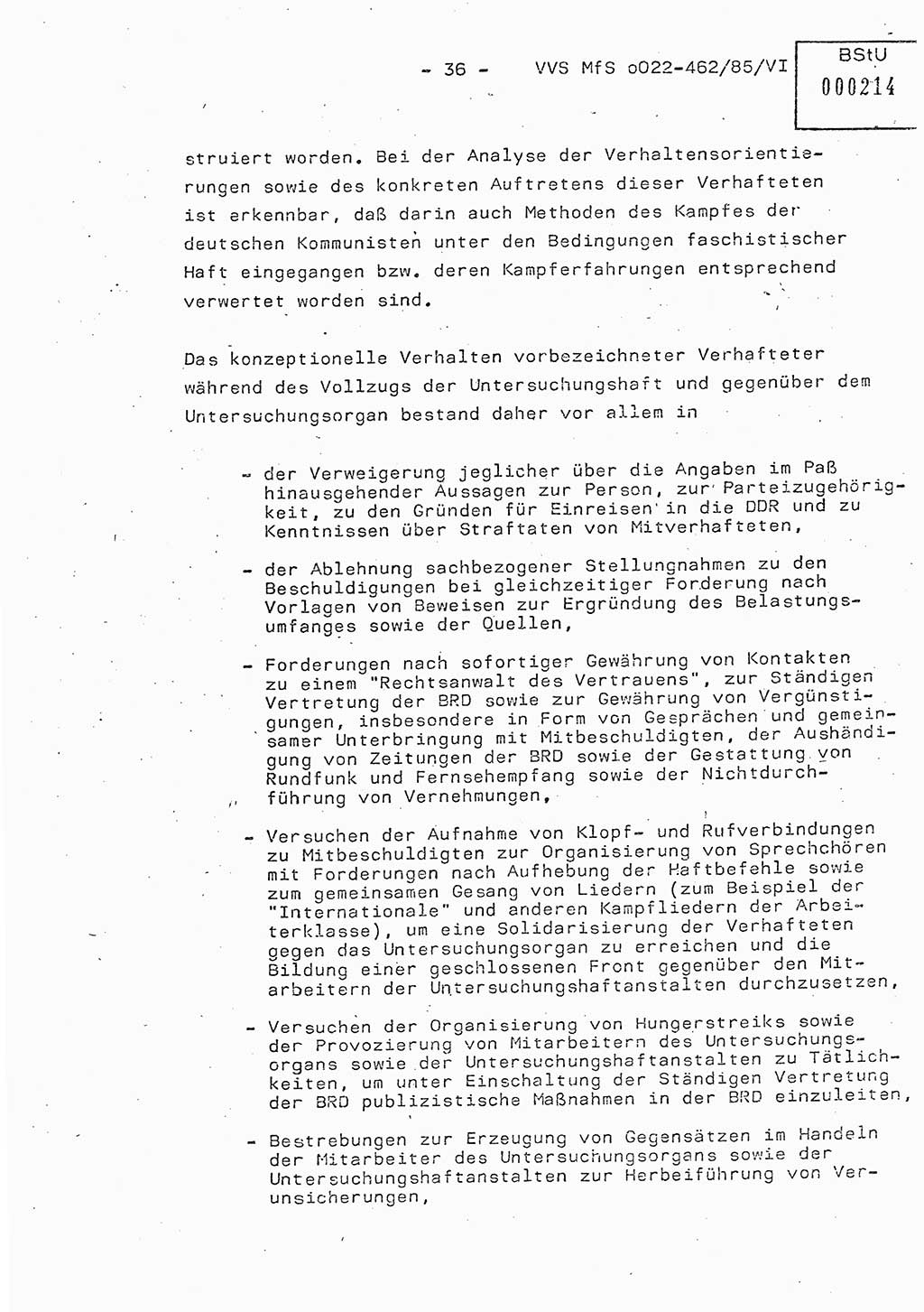 Der Untersuchungshaftvollzug im MfS, Schulungsmaterial Teil Ⅵ, Ministerium für Staatssicherheit [Deutsche Demokratische Republik (DDR)], Abteilung (Abt.) ⅩⅣ, Vertrauliche Verschlußsache (VVS) o022-462/85/Ⅵ, Berlin 1985, Seite 36 (Sch.-Mat. Ⅵ MfS DDR Abt. ⅩⅣ VVS o022-462/85/Ⅵ 1985, S. 36)