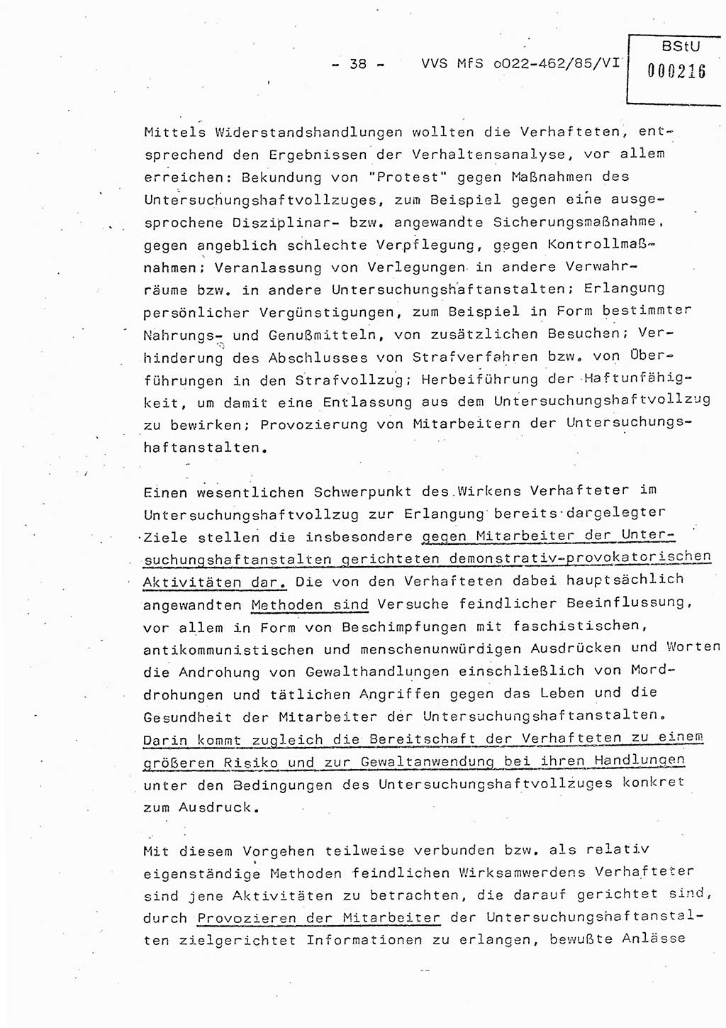 Der Untersuchungshaftvollzug im MfS, Schulungsmaterial Teil Ⅵ, Ministerium für Staatssicherheit [Deutsche Demokratische Republik (DDR)], Abteilung (Abt.) ⅩⅣ, Vertrauliche Verschlußsache (VVS) o022-462/85/Ⅵ, Berlin 1985, Seite 38 (Sch.-Mat. Ⅵ MfS DDR Abt. ⅩⅣ VVS o022-462/85/Ⅵ 1985, S. 38)