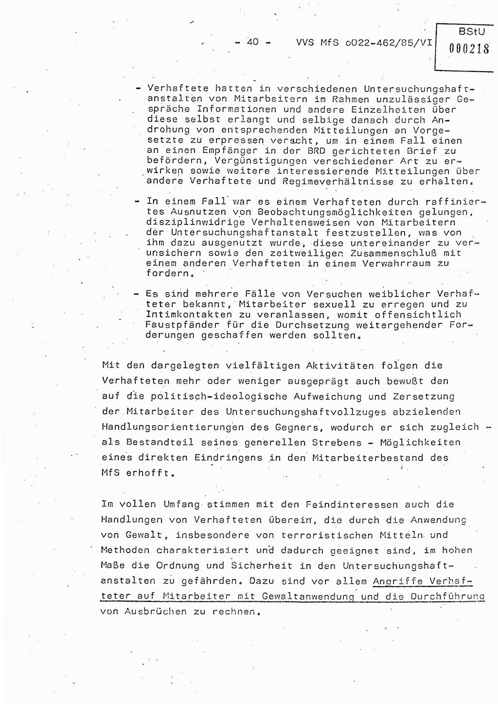 Der Untersuchungshaftvollzug im MfS, Schulungsmaterial Teil Ⅵ, Ministerium für Staatssicherheit [Deutsche Demokratische Republik (DDR)], Abteilung (Abt.) ⅩⅣ, Vertrauliche Verschlußsache (VVS) o022-462/85/Ⅵ, Berlin 1985, Seite 40 (Sch.-Mat. Ⅵ MfS DDR Abt. ⅩⅣ VVS o022-462/85/Ⅵ 1985, S. 40)