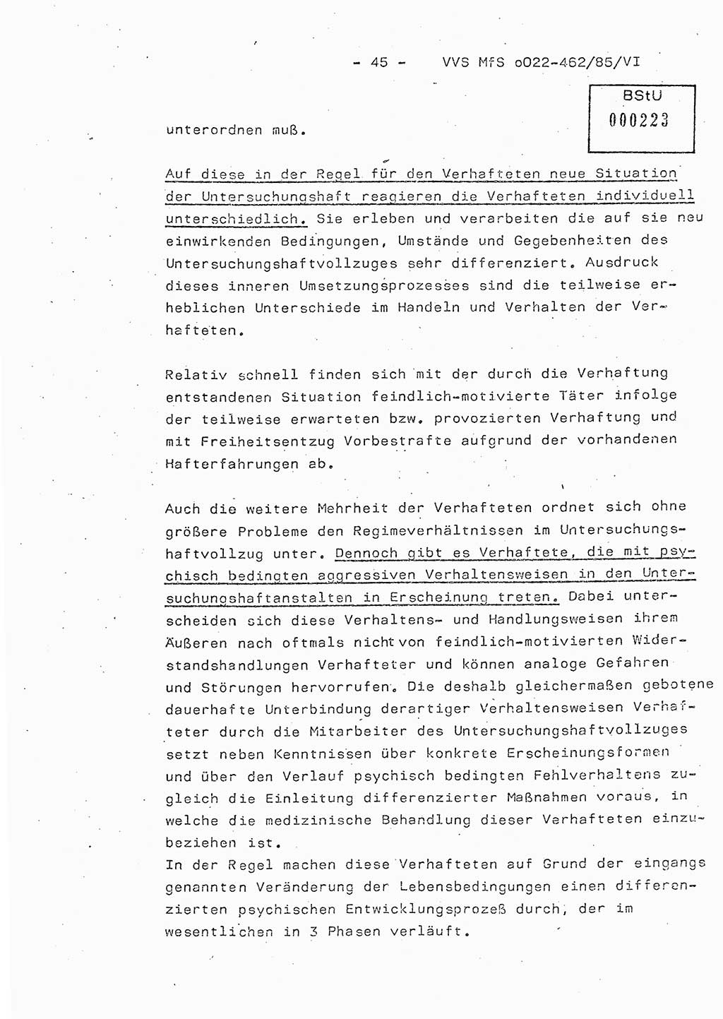 Der Untersuchungshaftvollzug im MfS, Schulungsmaterial Teil Ⅵ, Ministerium für Staatssicherheit [Deutsche Demokratische Republik (DDR)], Abteilung (Abt.) ⅩⅣ, Vertrauliche Verschlußsache (VVS) o022-462/85/Ⅵ, Berlin 1985, Seite 45 (Sch.-Mat. Ⅵ MfS DDR Abt. ⅩⅣ VVS o022-462/85/Ⅵ 1985, S. 45)