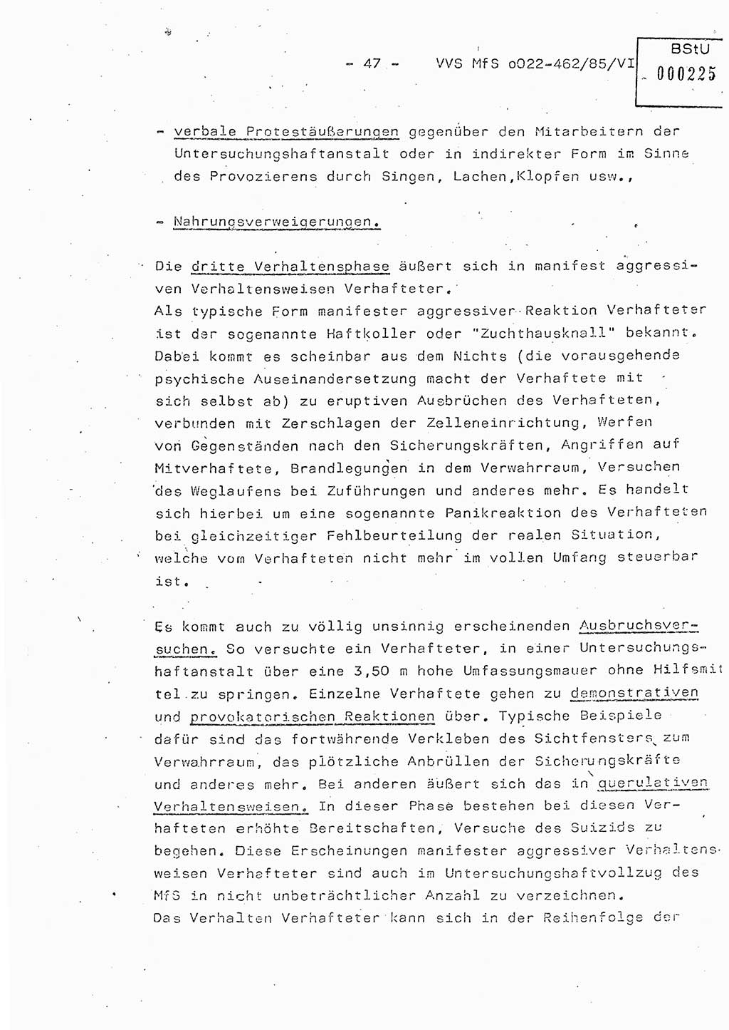 Der Untersuchungshaftvollzug im MfS, Schulungsmaterial Teil Ⅵ, Ministerium für Staatssicherheit [Deutsche Demokratische Republik (DDR)], Abteilung (Abt.) ⅩⅣ, Vertrauliche Verschlußsache (VVS) o022-462/85/Ⅵ, Berlin 1985, Seite 47 (Sch.-Mat. Ⅵ MfS DDR Abt. ⅩⅣ VVS o022-462/85/Ⅵ 1985, S. 47)