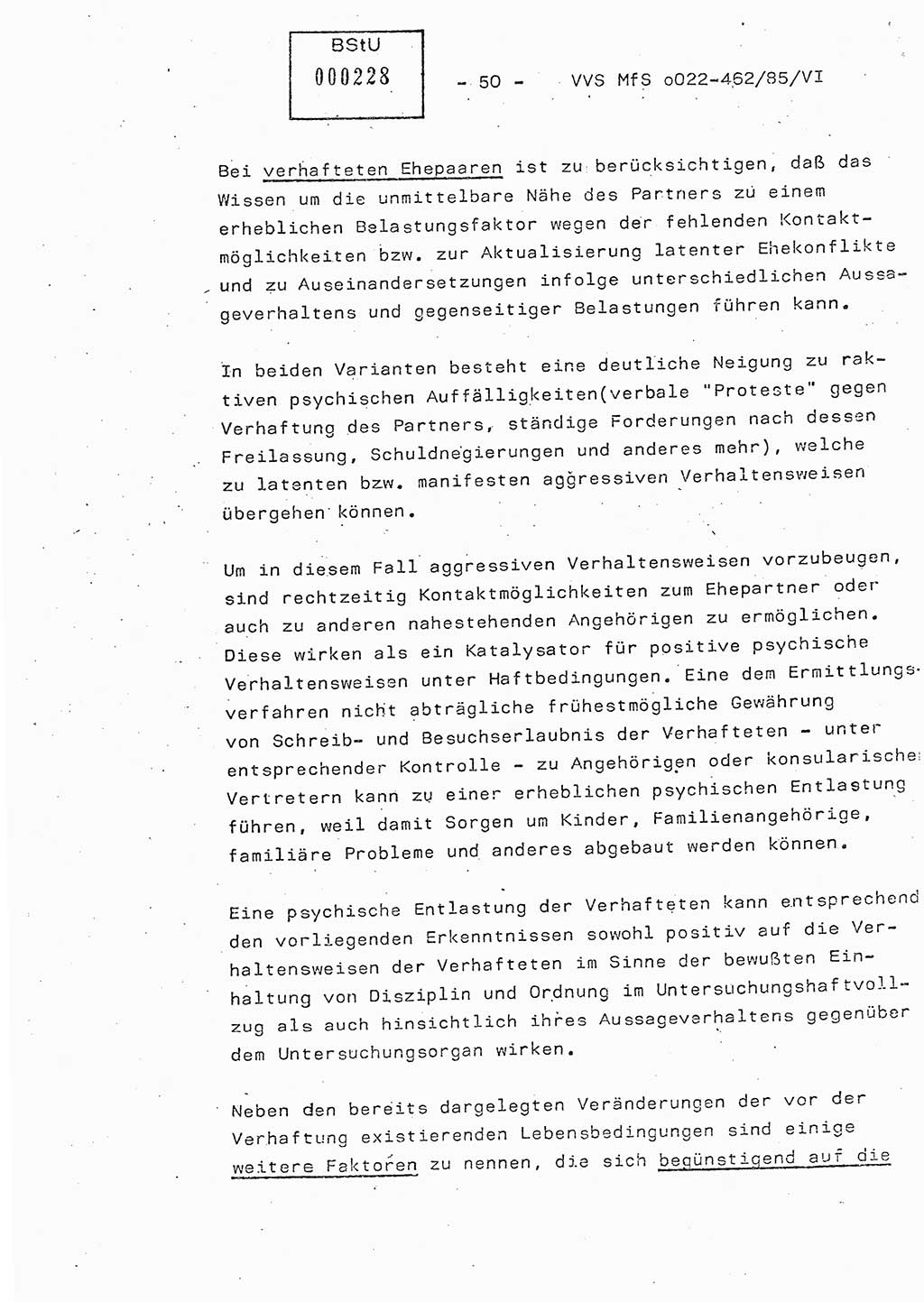 Der Untersuchungshaftvollzug im MfS, Schulungsmaterial Teil Ⅵ, Ministerium für Staatssicherheit [Deutsche Demokratische Republik (DDR)], Abteilung (Abt.) ⅩⅣ, Vertrauliche Verschlußsache (VVS) o022-462/85/Ⅵ, Berlin 1985, Seite 50 (Sch.-Mat. Ⅵ MfS DDR Abt. ⅩⅣ VVS o022-462/85/Ⅵ 1985, S. 50)