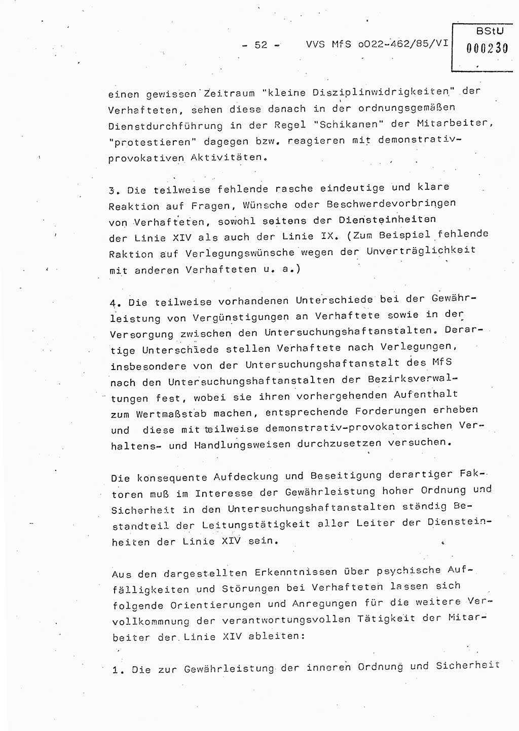 Der Untersuchungshaftvollzug im MfS, Schulungsmaterial Teil Ⅵ, Ministerium für Staatssicherheit [Deutsche Demokratische Republik (DDR)], Abteilung (Abt.) ⅩⅣ, Vertrauliche Verschlußsache (VVS) o022-462/85/Ⅵ, Berlin 1985, Seite 52 (Sch.-Mat. Ⅵ MfS DDR Abt. ⅩⅣ VVS o022-462/85/Ⅵ 1985, S. 52)