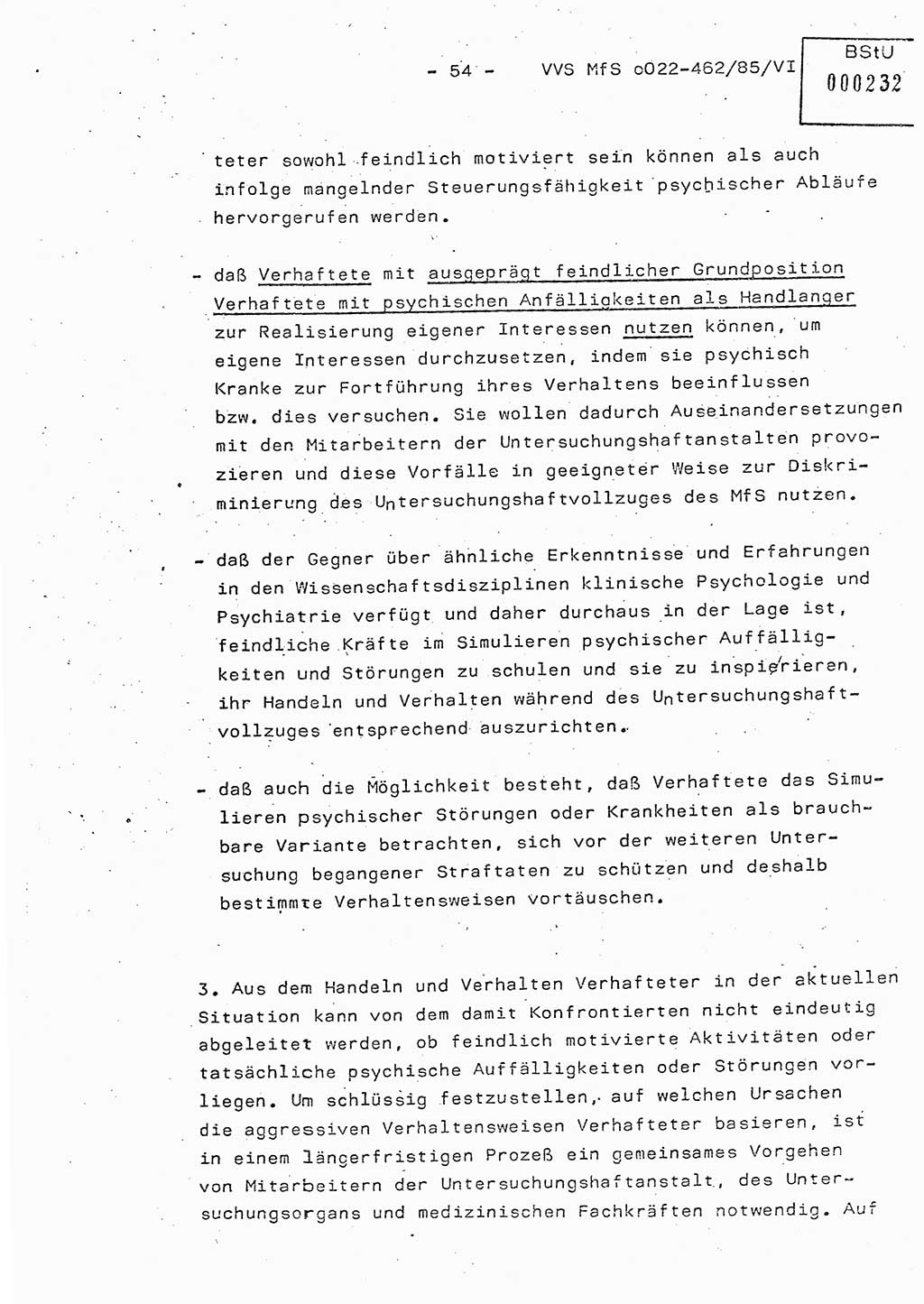 Der Untersuchungshaftvollzug im MfS, Schulungsmaterial Teil Ⅵ, Ministerium für Staatssicherheit [Deutsche Demokratische Republik (DDR)], Abteilung (Abt.) ⅩⅣ, Vertrauliche Verschlußsache (VVS) o022-462/85/Ⅵ, Berlin 1985, Seite 54 (Sch.-Mat. Ⅵ MfS DDR Abt. ⅩⅣ VVS o022-462/85/Ⅵ 1985, S. 54)