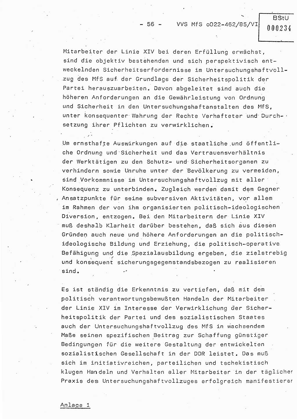 Der Untersuchungshaftvollzug im MfS, Schulungsmaterial Teil Ⅵ, Ministerium für Staatssicherheit [Deutsche Demokratische Republik (DDR)], Abteilung (Abt.) ⅩⅣ, Vertrauliche Verschlußsache (VVS) o022-462/85/Ⅵ, Berlin 1985, Seite 56 (Sch.-Mat. Ⅵ MfS DDR Abt. ⅩⅣ VVS o022-462/85/Ⅵ 1985, S. 56)