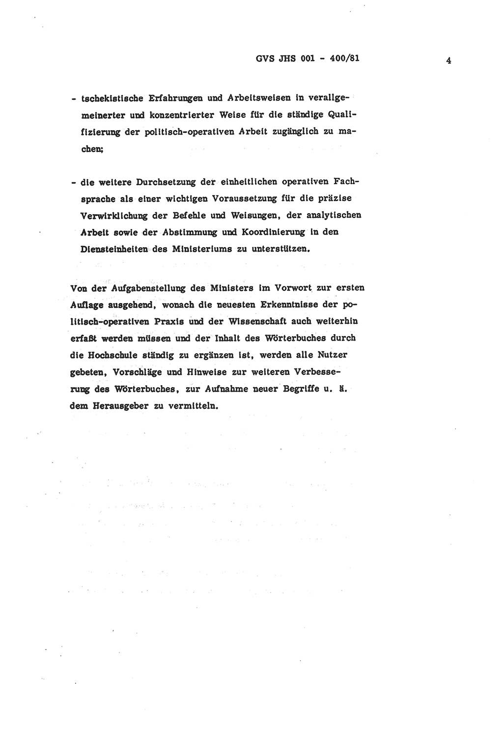 Wörterbuch der politisch-operativen Arbeit, Ministerium für Staatssicherheit (MfS) [Deutsche Demokratische Republik (DDR)], Juristische Hochschule (JHS), Geheime Verschlußsache (GVS) o001-400/81, Potsdam 1985, Blatt 4 (Wb. pol.-op. Arb. MfS DDR JHS GVS o001-400/81 1985, Bl. 4)