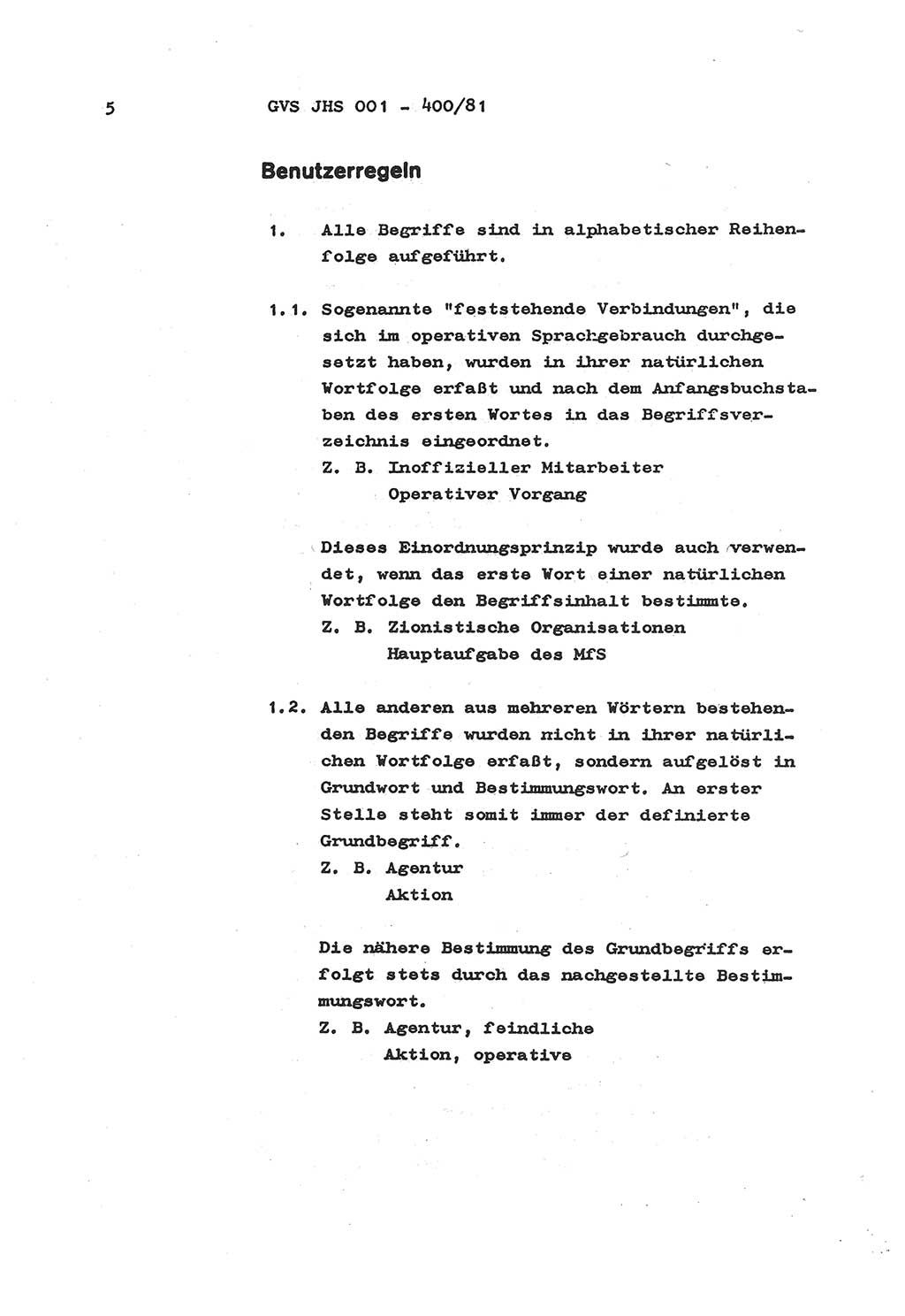 Wörterbuch der politisch-operativen Arbeit, Ministerium für Staatssicherheit (MfS) [Deutsche Demokratische Republik (DDR)], Juristische Hochschule (JHS), Geheime Verschlußsache (GVS) o001-400/81, Potsdam 1985, Blatt 5 (Wb. pol.-op. Arb. MfS DDR JHS GVS o001-400/81 1985, Bl. 5)