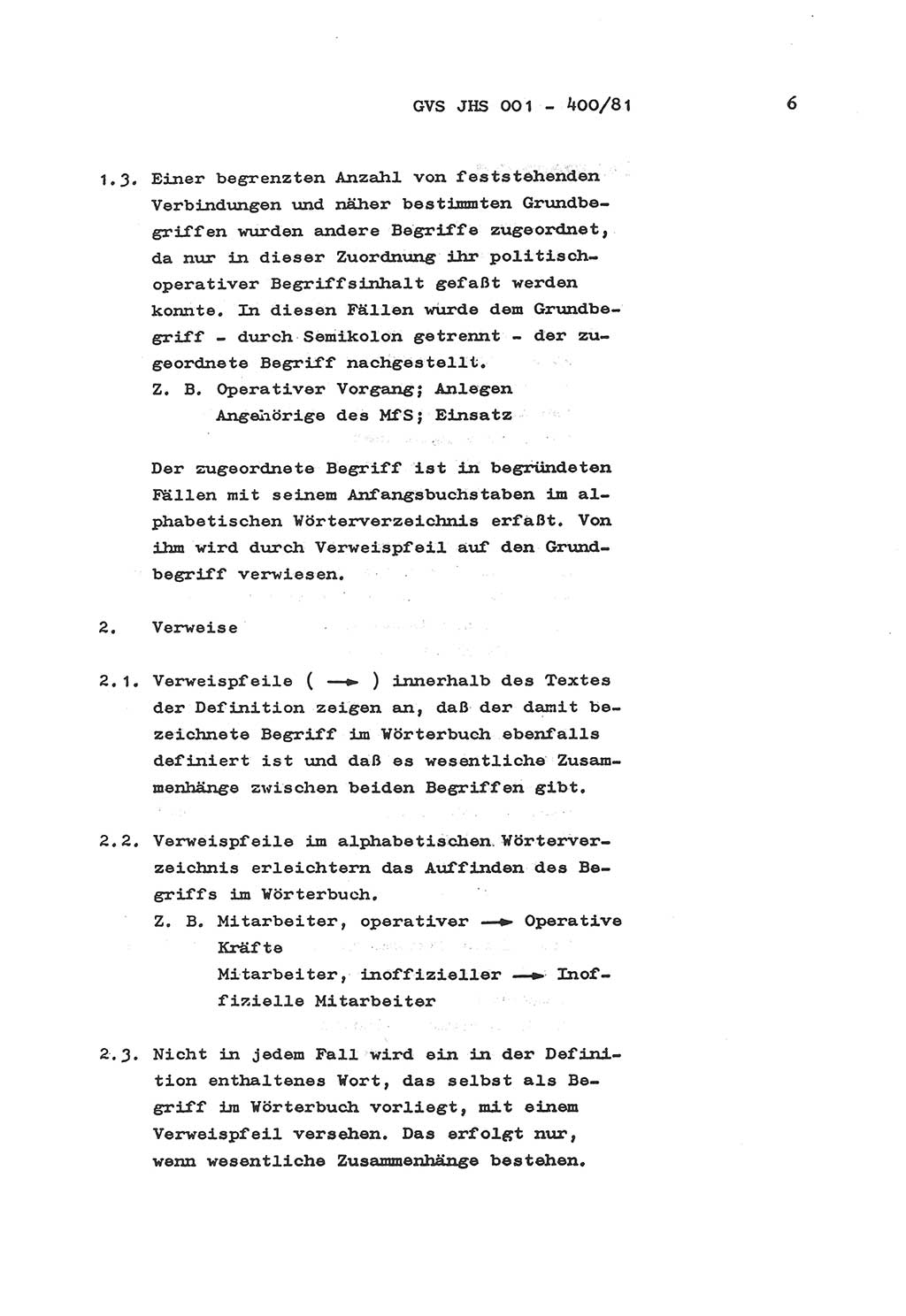 Wörterbuch der politisch-operativen Arbeit, Ministerium für Staatssicherheit (MfS) [Deutsche Demokratische Republik (DDR)], Juristische Hochschule (JHS), Geheime Verschlußsache (GVS) o001-400/81, Potsdam 1985, Blatt 6 (Wb. pol.-op. Arb. MfS DDR JHS GVS o001-400/81 1985, Bl. 6)