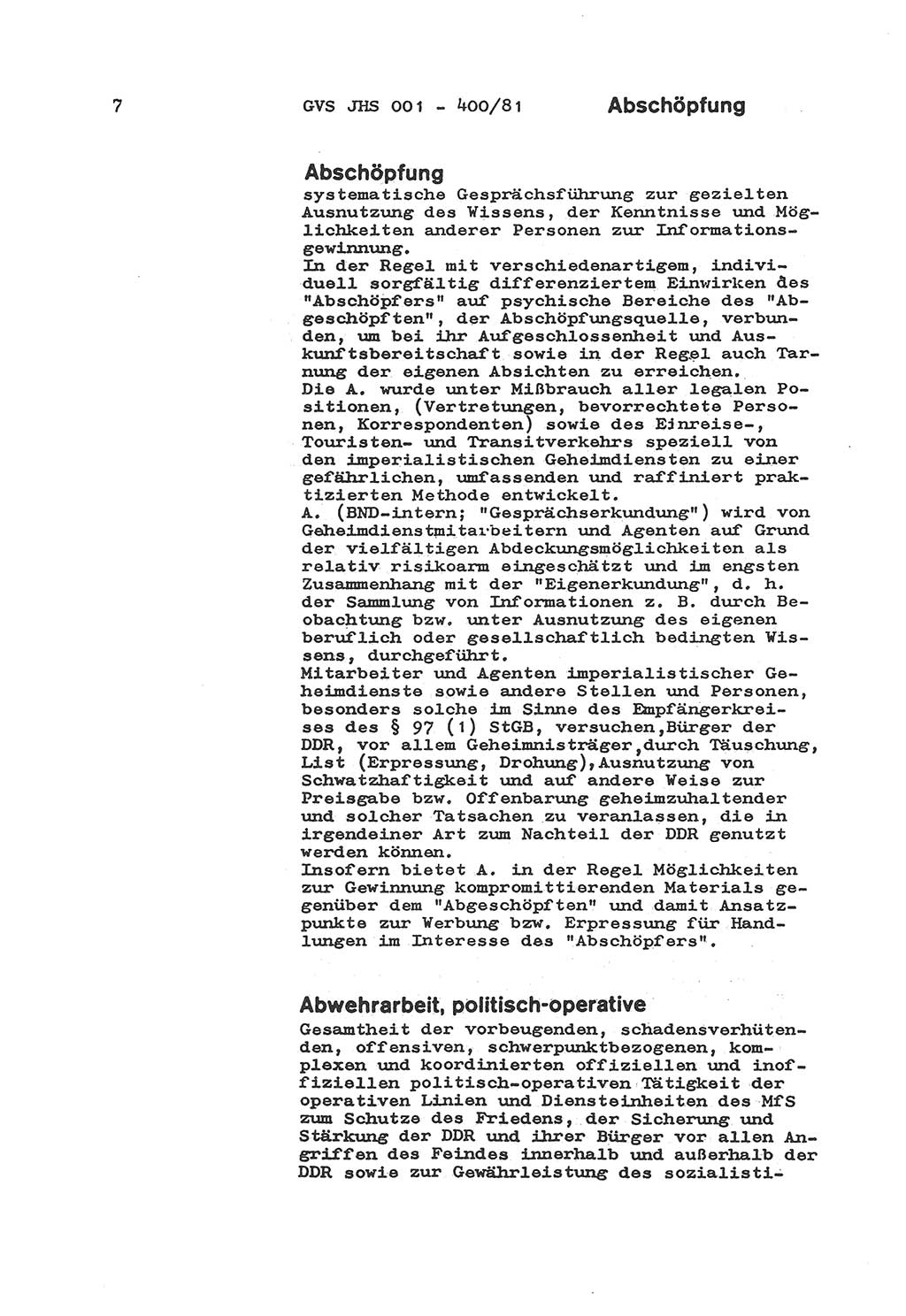 Wörterbuch der politisch-operativen Arbeit, Ministerium für Staatssicherheit (MfS) [Deutsche Demokratische Republik (DDR)], Juristische Hochschule (JHS), Geheime Verschlußsache (GVS) o001-400/81, Potsdam 1985, Blatt 7 (Wb. pol.-op. Arb. MfS DDR JHS GVS o001-400/81 1985, Bl. 7)
