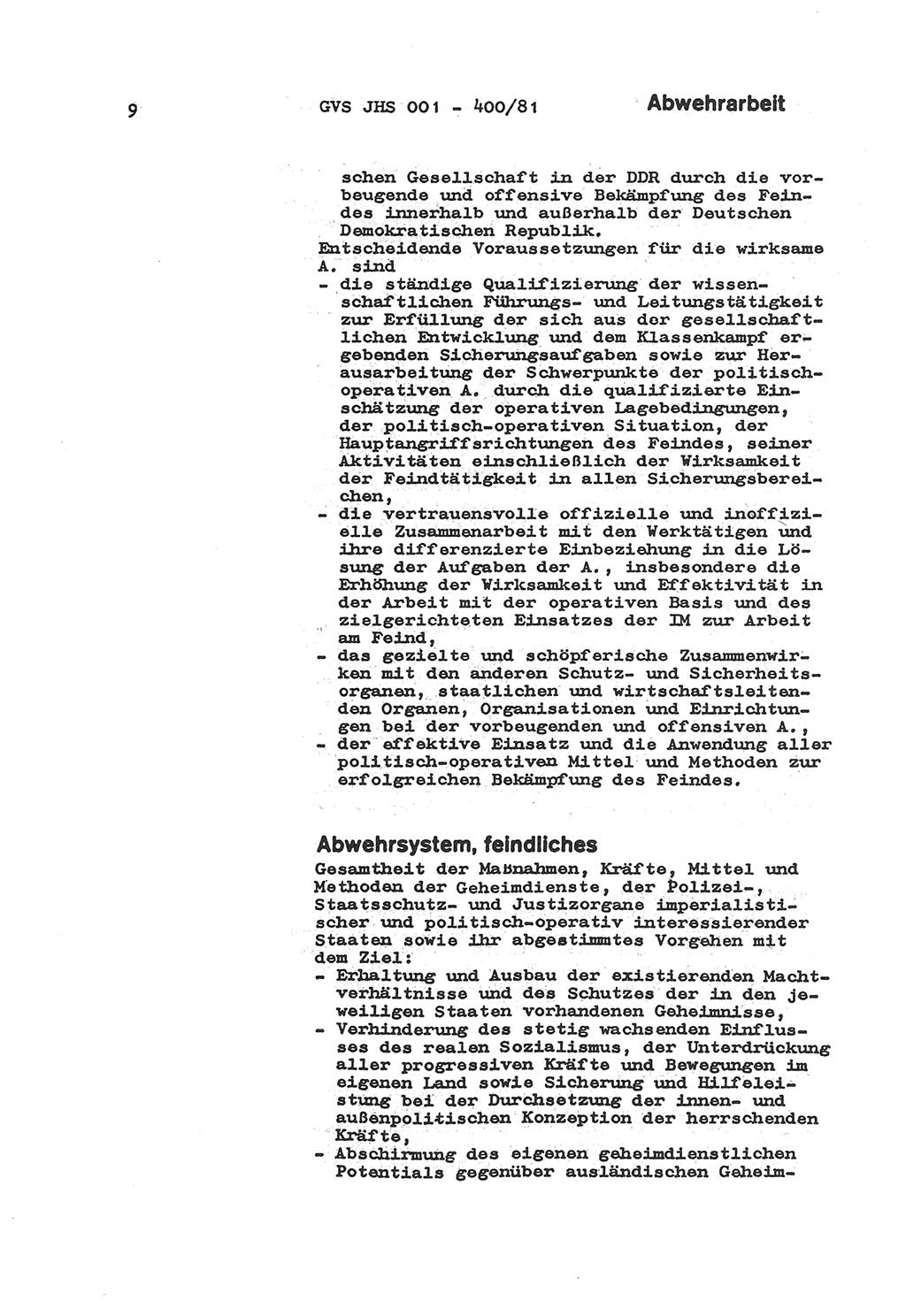 Wörterbuch der politisch-operativen Arbeit, Ministerium für Staatssicherheit (MfS) [Deutsche Demokratische Republik (DDR)], Juristische Hochschule (JHS), Geheime Verschlußsache (GVS) o001-400/81, Potsdam 1985, Blatt 9 (Wb. pol.-op. Arb. MfS DDR JHS GVS o001-400/81 1985, Bl. 9)