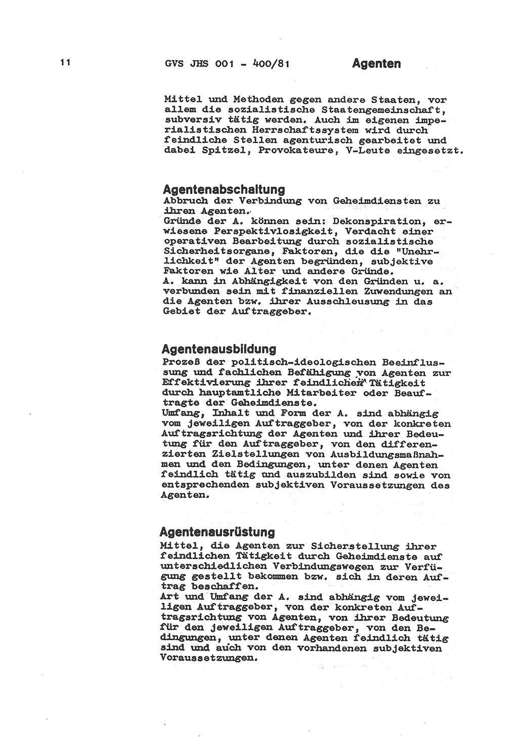 Wörterbuch der politisch-operativen Arbeit, Ministerium für Staatssicherheit (MfS) [Deutsche Demokratische Republik (DDR)], Juristische Hochschule (JHS), Geheime Verschlußsache (GVS) o001-400/81, Potsdam 1985, Blatt 11 (Wb. pol.-op. Arb. MfS DDR JHS GVS o001-400/81 1985, Bl. 11)