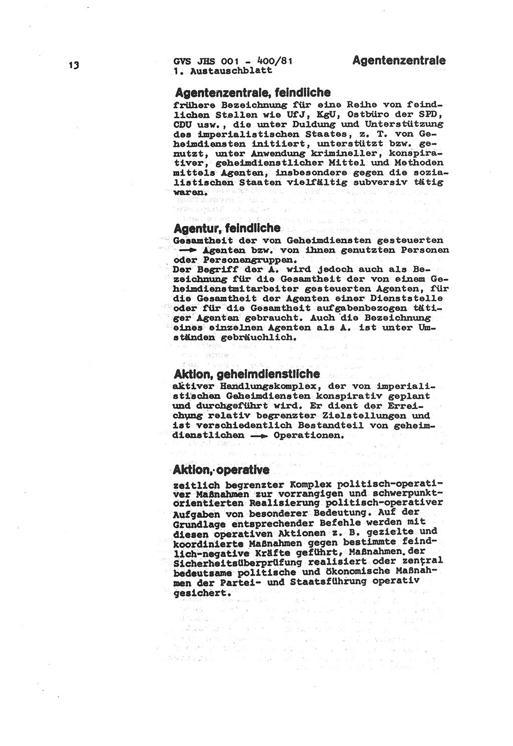 Wörterbuch der politisch-operativen Arbeit, Ministerium für Staatssicherheit (MfS) [Deutsche Demokratische Republik (DDR)], Juristische Hochschule (JHS), Geheime Verschlußsache (GVS) o001-400/81, Potsdam 1985, Blatt 13 (Wb. pol.-op. Arb. MfS DDR JHS GVS o001-400/81 1985, Bl. 13)