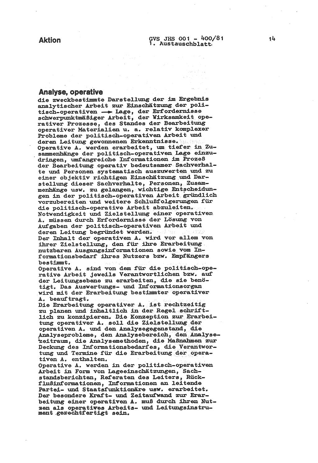 Wörterbuch der politisch-operativen Arbeit, Ministerium für Staatssicherheit (MfS) [Deutsche Demokratische Republik (DDR)], Juristische Hochschule (JHS), Geheime Verschlußsache (GVS) o001-400/81, Potsdam 1985, Blatt 14 (Wb. pol.-op. Arb. MfS DDR JHS GVS o001-400/81 1985, Bl. 14)