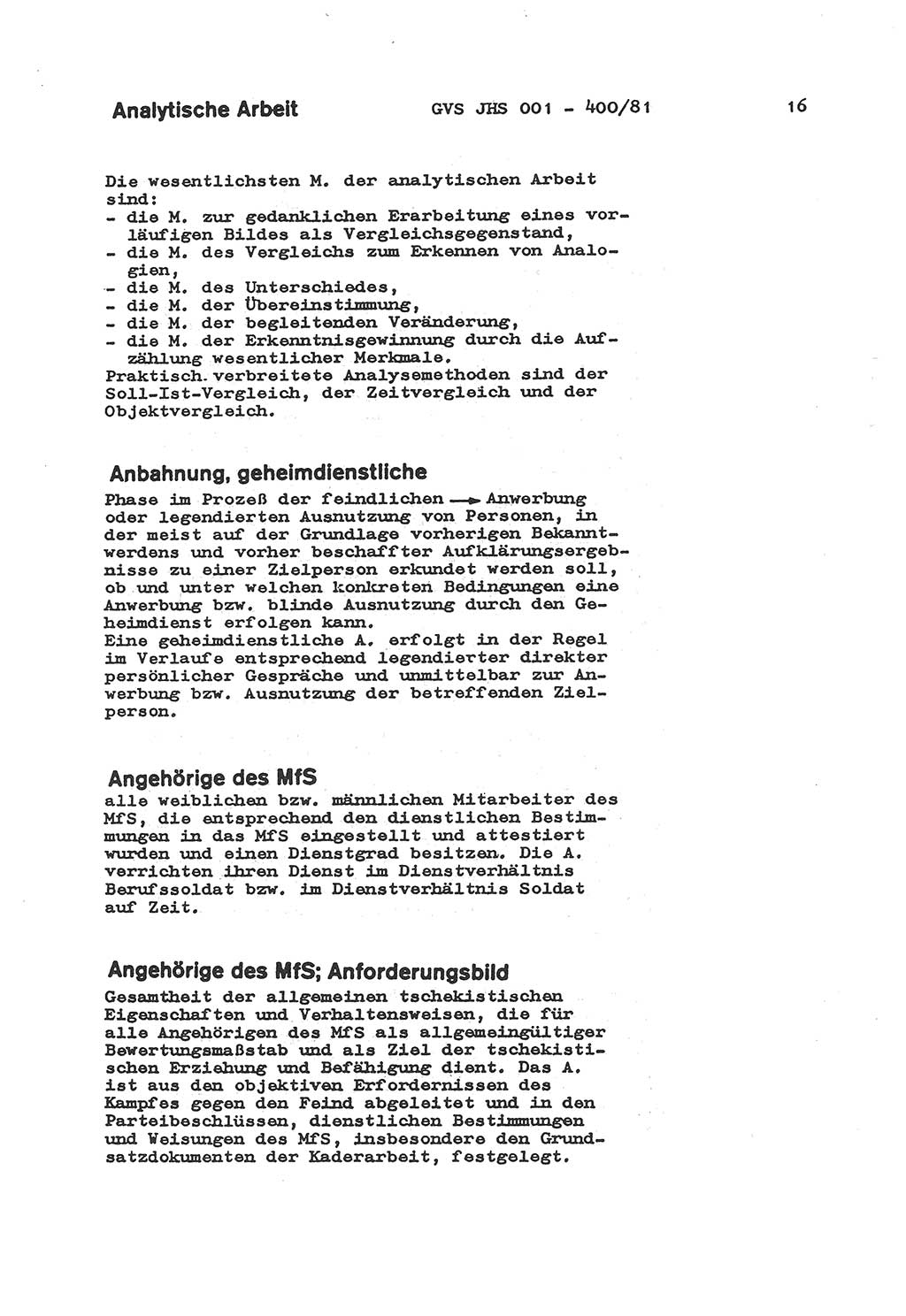 Wörterbuch der politisch-operativen Arbeit, Ministerium für Staatssicherheit (MfS) [Deutsche Demokratische Republik (DDR)], Juristische Hochschule (JHS), Geheime Verschlußsache (GVS) o001-400/81, Potsdam 1985, Blatt 16 (Wb. pol.-op. Arb. MfS DDR JHS GVS o001-400/81 1985, Bl. 16)