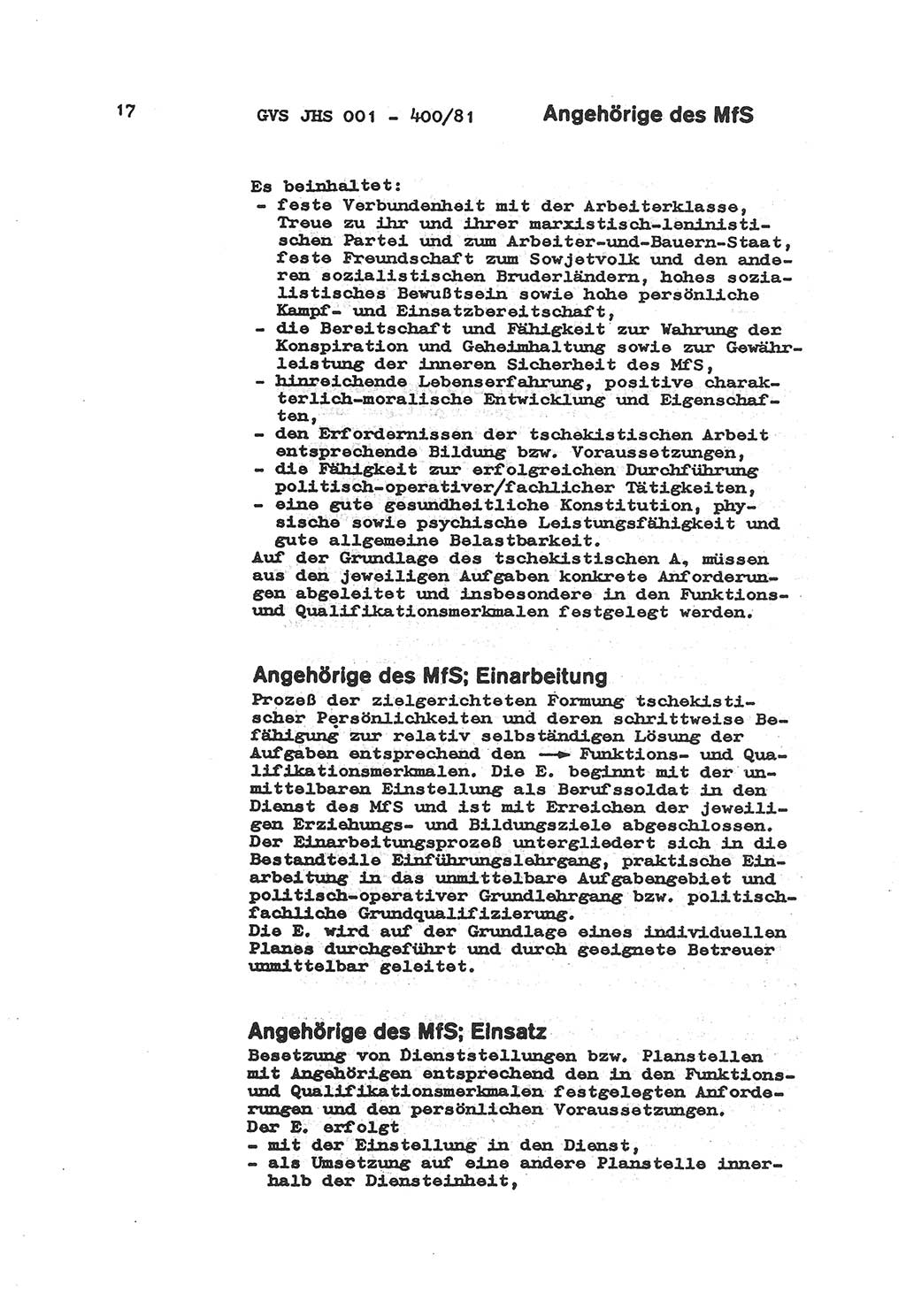 Wörterbuch der politisch-operativen Arbeit, Ministerium für Staatssicherheit (MfS) [Deutsche Demokratische Republik (DDR)], Juristische Hochschule (JHS), Geheime Verschlußsache (GVS) o001-400/81, Potsdam 1985, Blatt 17 (Wb. pol.-op. Arb. MfS DDR JHS GVS o001-400/81 1985, Bl. 17)