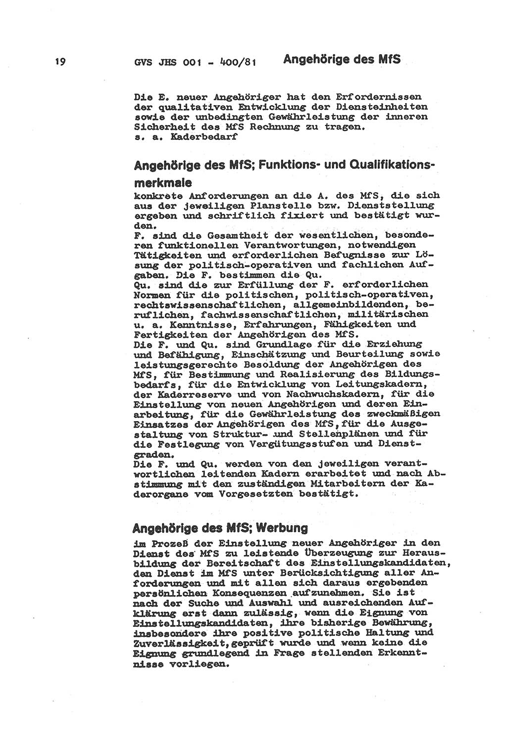 Wörterbuch der politisch-operativen Arbeit, Ministerium für Staatssicherheit (MfS) [Deutsche Demokratische Republik (DDR)], Juristische Hochschule (JHS), Geheime Verschlußsache (GVS) o001-400/81, Potsdam 1985, Blatt 19 (Wb. pol.-op. Arb. MfS DDR JHS GVS o001-400/81 1985, Bl. 19)