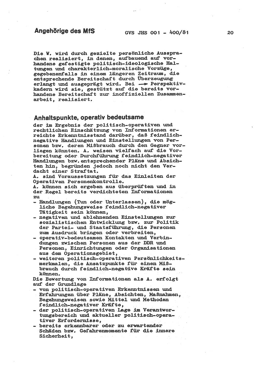 Wörterbuch der politisch-operativen Arbeit, Ministerium für Staatssicherheit (MfS) [Deutsche Demokratische Republik (DDR)], Juristische Hochschule (JHS), Geheime Verschlußsache (GVS) o001-400/81, Potsdam 1985, Blatt 20 (Wb. pol.-op. Arb. MfS DDR JHS GVS o001-400/81 1985, Bl. 20)