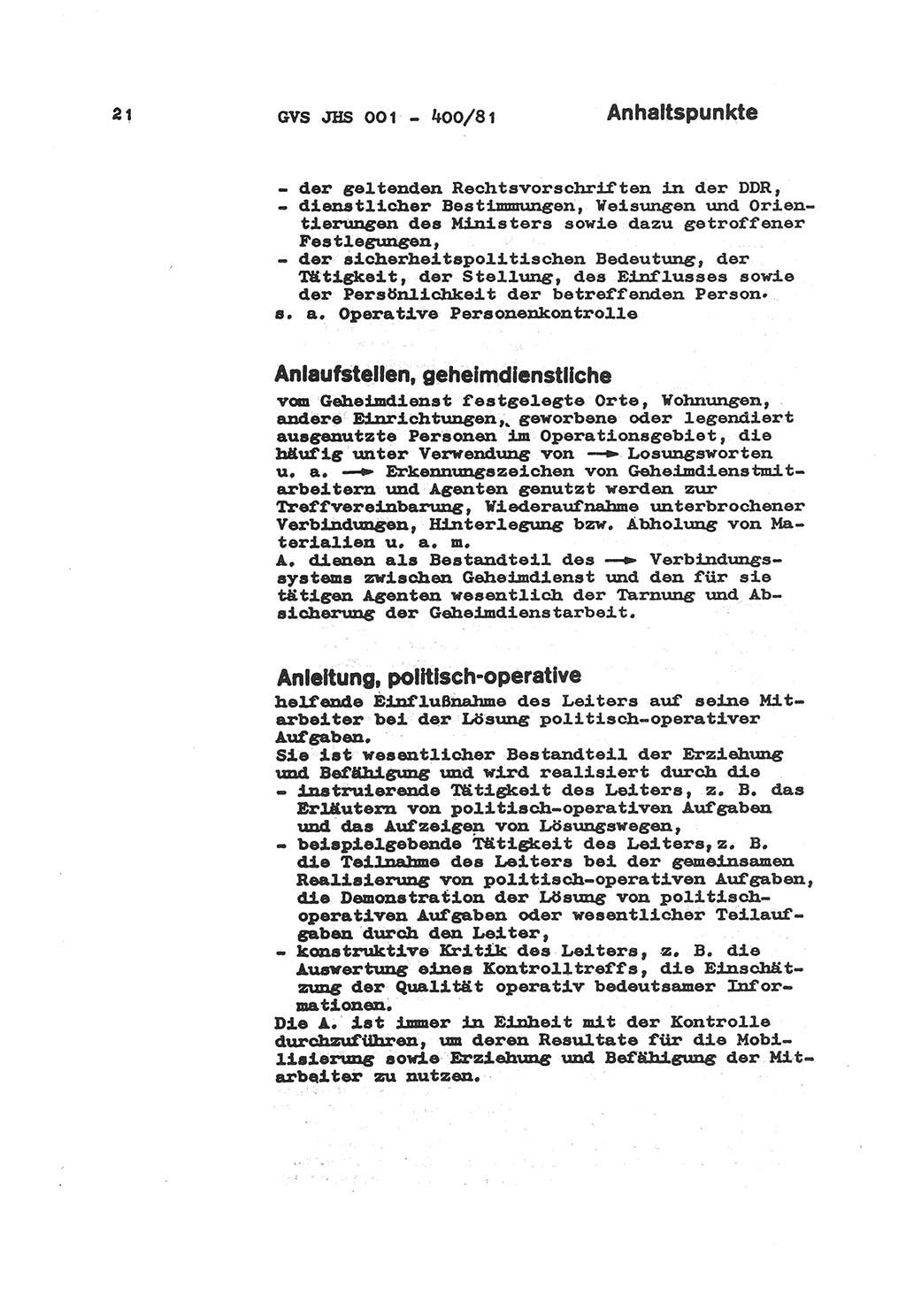 Wörterbuch der politisch-operativen Arbeit, Ministerium für Staatssicherheit (MfS) [Deutsche Demokratische Republik (DDR)], Juristische Hochschule (JHS), Geheime Verschlußsache (GVS) o001-400/81, Potsdam 1985, Blatt 21 (Wb. pol.-op. Arb. MfS DDR JHS GVS o001-400/81 1985, Bl. 21)