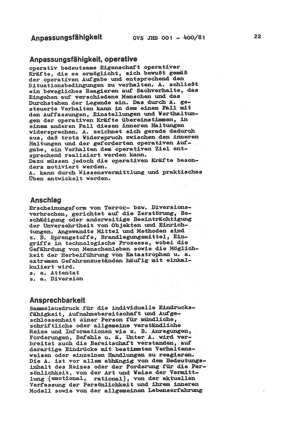 Wörterbuch der politisch-operativen Arbeit, Ministerium für Staatssicherheit (MfS) [Deutsche Demokratische Republik (DDR)], Juristische Hochschule (JHS), Geheime Verschlußsache (GVS) o001-400/81, Potsdam 1985, Blatt 22 (Wb. pol.-op. Arb. MfS DDR JHS GVS o001-400/81 1985, Bl. 22)