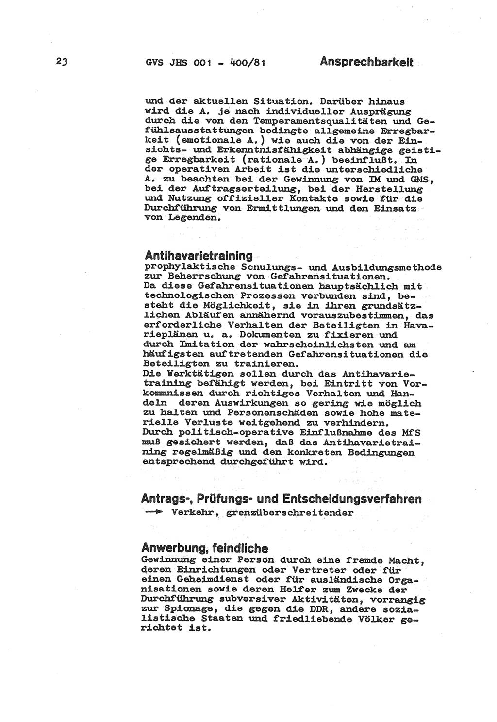 Wörterbuch der politisch-operativen Arbeit, Ministerium für Staatssicherheit (MfS) [Deutsche Demokratische Republik (DDR)], Juristische Hochschule (JHS), Geheime Verschlußsache (GVS) o001-400/81, Potsdam 1985, Blatt 23 (Wb. pol.-op. Arb. MfS DDR JHS GVS o001-400/81 1985, Bl. 23)