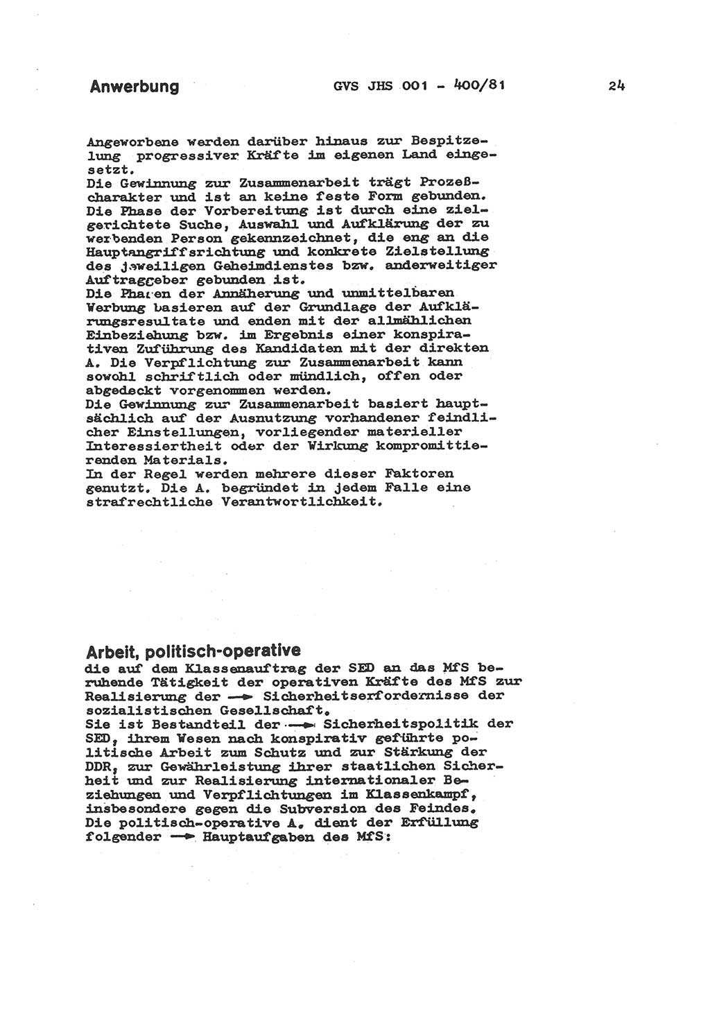 Wörterbuch der politisch-operativen Arbeit, Ministerium für Staatssicherheit (MfS) [Deutsche Demokratische Republik (DDR)], Juristische Hochschule (JHS), Geheime Verschlußsache (GVS) o001-400/81, Potsdam 1985, Blatt 24 (Wb. pol.-op. Arb. MfS DDR JHS GVS o001-400/81 1985, Bl. 24)