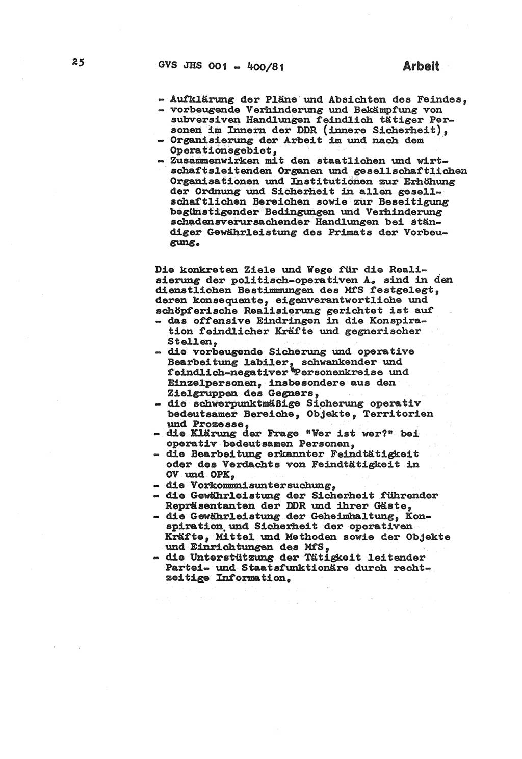 Wörterbuch der politisch-operativen Arbeit, Ministerium für Staatssicherheit (MfS) [Deutsche Demokratische Republik (DDR)], Juristische Hochschule (JHS), Geheime Verschlußsache (GVS) o001-400/81, Potsdam 1985, Blatt 25 (Wb. pol.-op. Arb. MfS DDR JHS GVS o001-400/81 1985, Bl. 25)