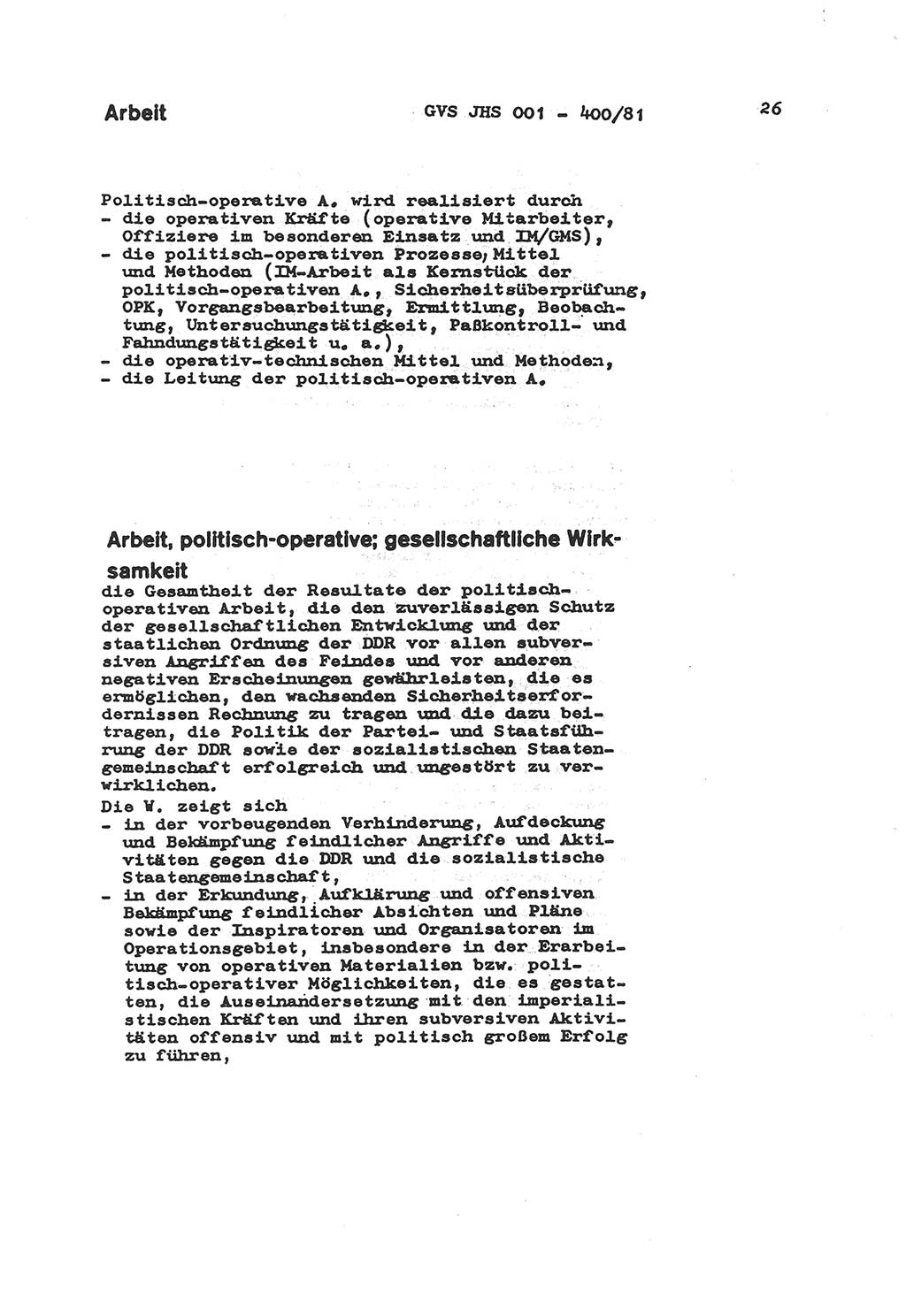 Wörterbuch der politisch-operativen Arbeit, Ministerium für Staatssicherheit (MfS) [Deutsche Demokratische Republik (DDR)], Juristische Hochschule (JHS), Geheime Verschlußsache (GVS) o001-400/81, Potsdam 1985, Blatt 26 (Wb. pol.-op. Arb. MfS DDR JHS GVS o001-400/81 1985, Bl. 26)