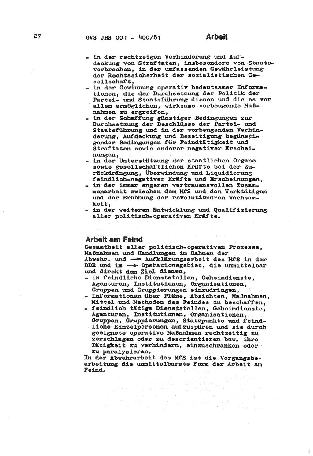 Wörterbuch der politisch-operativen Arbeit, Ministerium für Staatssicherheit (MfS) [Deutsche Demokratische Republik (DDR)], Juristische Hochschule (JHS), Geheime Verschlußsache (GVS) o001-400/81, Potsdam 1985, Blatt 27 (Wb. pol.-op. Arb. MfS DDR JHS GVS o001-400/81 1985, Bl. 27)