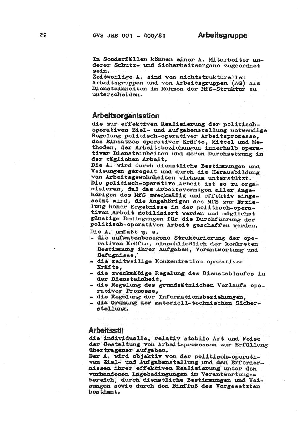 Wörterbuch der politisch-operativen Arbeit, Ministerium für Staatssicherheit (MfS) [Deutsche Demokratische Republik (DDR)], Juristische Hochschule (JHS), Geheime Verschlußsache (GVS) o001-400/81, Potsdam 1985, Blatt 29 (Wb. pol.-op. Arb. MfS DDR JHS GVS o001-400/81 1985, Bl. 29)