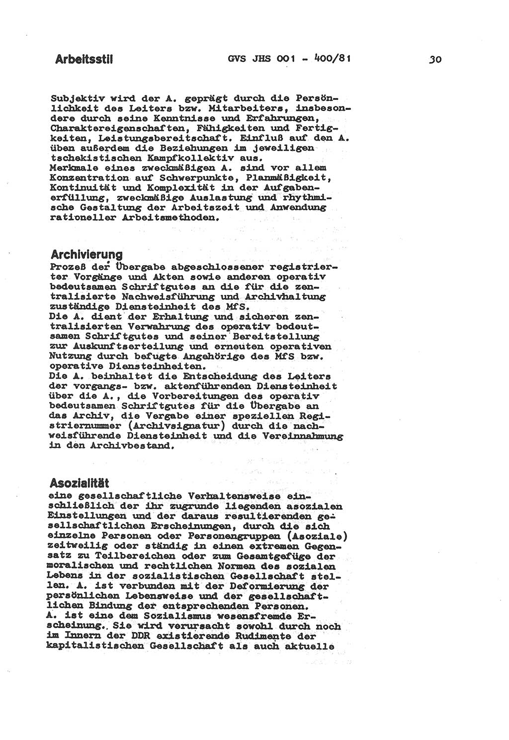 Wörterbuch der politisch-operativen Arbeit, Ministerium für Staatssicherheit (MfS) [Deutsche Demokratische Republik (DDR)], Juristische Hochschule (JHS), Geheime Verschlußsache (GVS) o001-400/81, Potsdam 1985, Blatt 30 (Wb. pol.-op. Arb. MfS DDR JHS GVS o001-400/81 1985, Bl. 30)