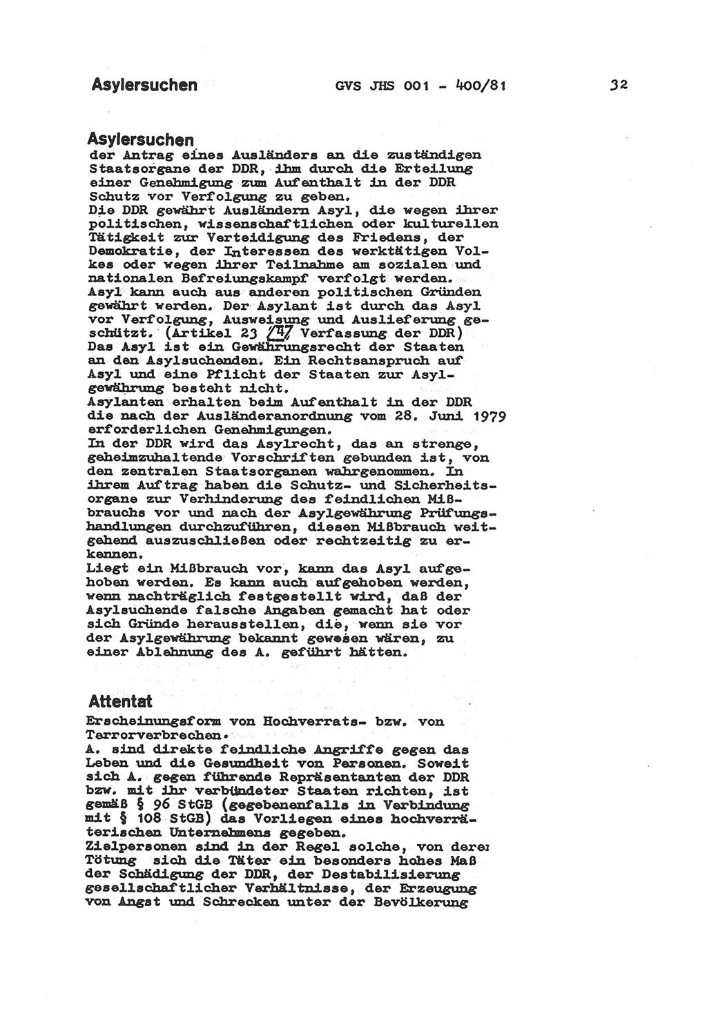 Wörterbuch der politisch-operativen Arbeit, Ministerium für Staatssicherheit (MfS) [Deutsche Demokratische Republik (DDR)], Juristische Hochschule (JHS), Geheime Verschlußsache (GVS) o001-400/81, Potsdam 1985, Blatt 32 (Wb. pol.-op. Arb. MfS DDR JHS GVS o001-400/81 1985, Bl. 32)