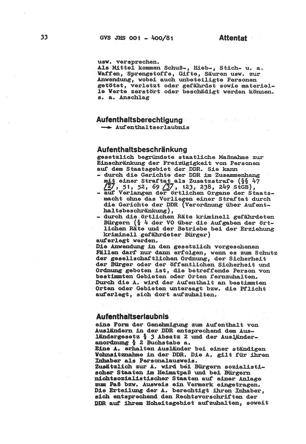 Wörterbuch der politisch-operativen Arbeit, Ministerium für Staatssicherheit (MfS) [Deutsche Demokratische Republik (DDR)], Juristische Hochschule (JHS), Geheime Verschlußsache (GVS) o001-400/81, Potsdam 1985, Blatt 33 (Wb. pol.-op. Arb. MfS DDR JHS GVS o001-400/81 1985, Bl. 33)