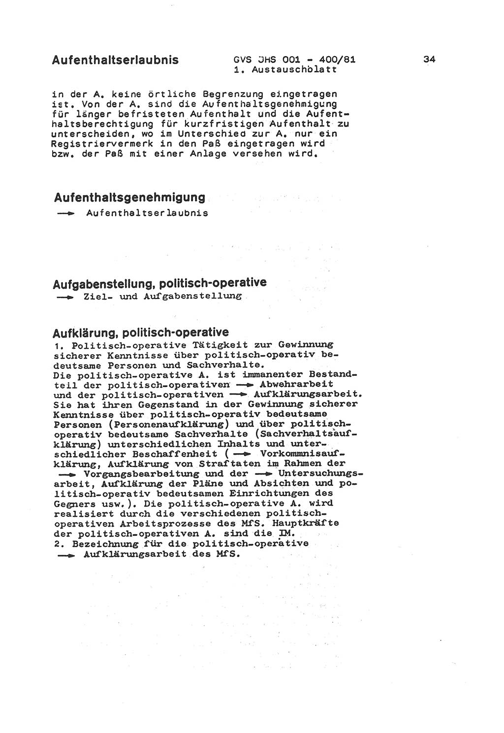 Wörterbuch der politisch-operativen Arbeit, Ministerium für Staatssicherheit (MfS) [Deutsche Demokratische Republik (DDR)], Juristische Hochschule (JHS), Geheime Verschlußsache (GVS) o001-400/81, Potsdam 1985, Blatt 34 (Wb. pol.-op. Arb. MfS DDR JHS GVS o001-400/81 1985, Bl. 34)