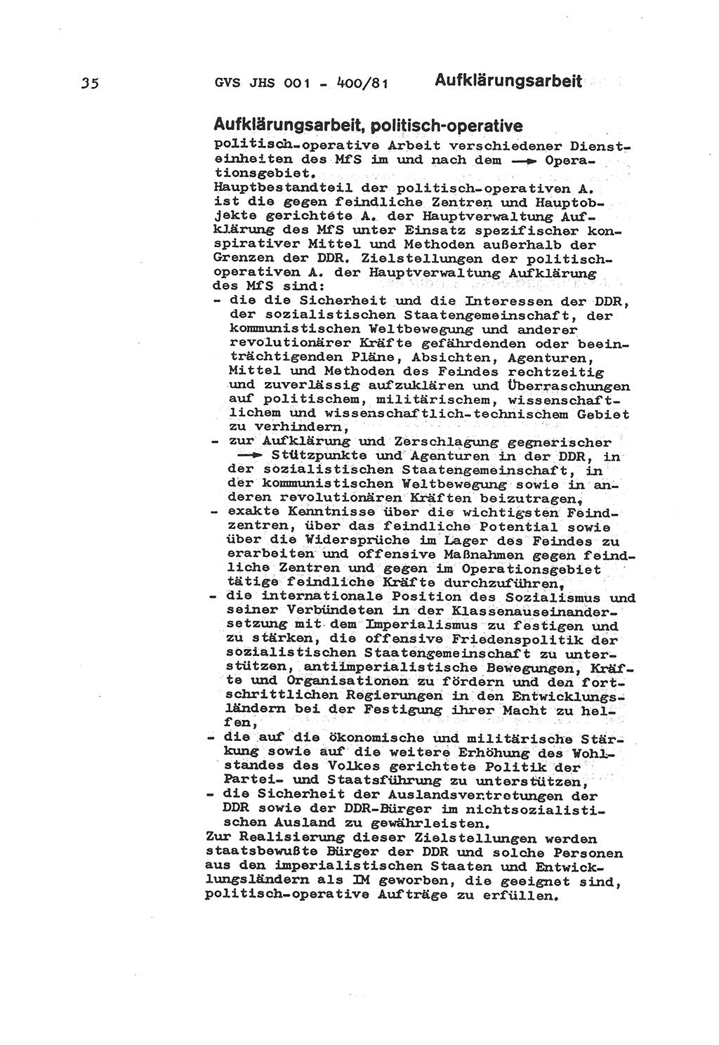 Wörterbuch der politisch-operativen Arbeit, Ministerium für Staatssicherheit (MfS) [Deutsche Demokratische Republik (DDR)], Juristische Hochschule (JHS), Geheime Verschlußsache (GVS) o001-400/81, Potsdam 1985, Blatt 35 (Wb. pol.-op. Arb. MfS DDR JHS GVS o001-400/81 1985, Bl. 35)