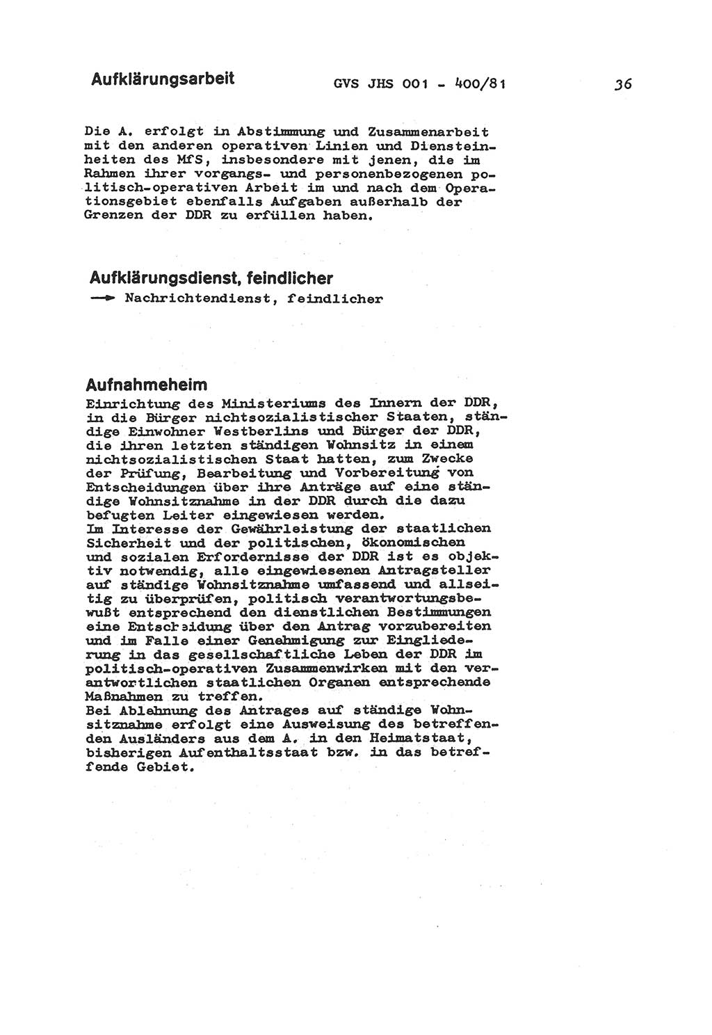 Wörterbuch der politisch-operativen Arbeit, Ministerium für Staatssicherheit (MfS) [Deutsche Demokratische Republik (DDR)], Juristische Hochschule (JHS), Geheime Verschlußsache (GVS) o001-400/81, Potsdam 1985, Blatt 36 (Wb. pol.-op. Arb. MfS DDR JHS GVS o001-400/81 1985, Bl. 36)