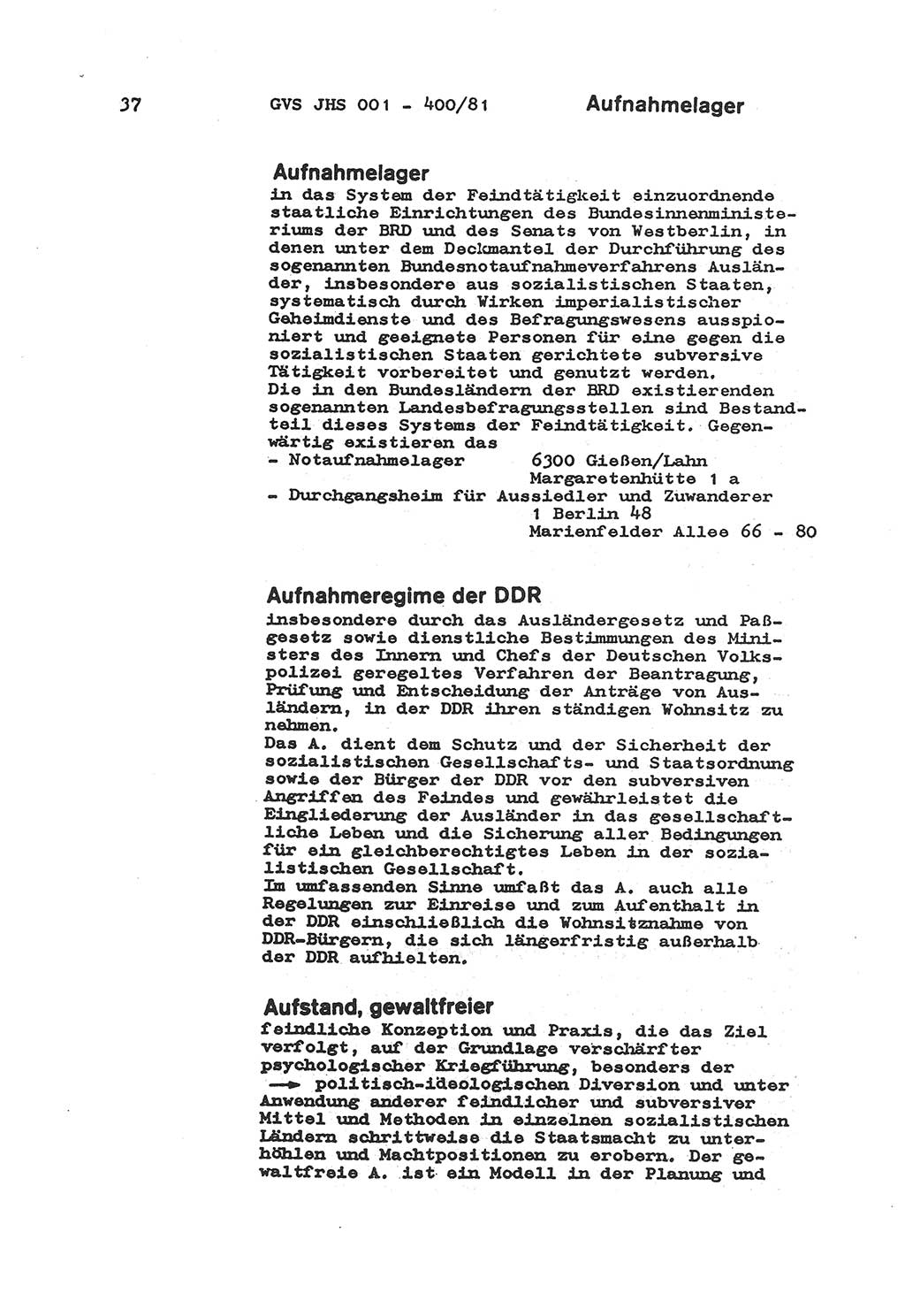 Wörterbuch der politisch-operativen Arbeit, Ministerium für Staatssicherheit (MfS) [Deutsche Demokratische Republik (DDR)], Juristische Hochschule (JHS), Geheime Verschlußsache (GVS) o001-400/81, Potsdam 1985, Blatt 37 (Wb. pol.-op. Arb. MfS DDR JHS GVS o001-400/81 1985, Bl. 37)