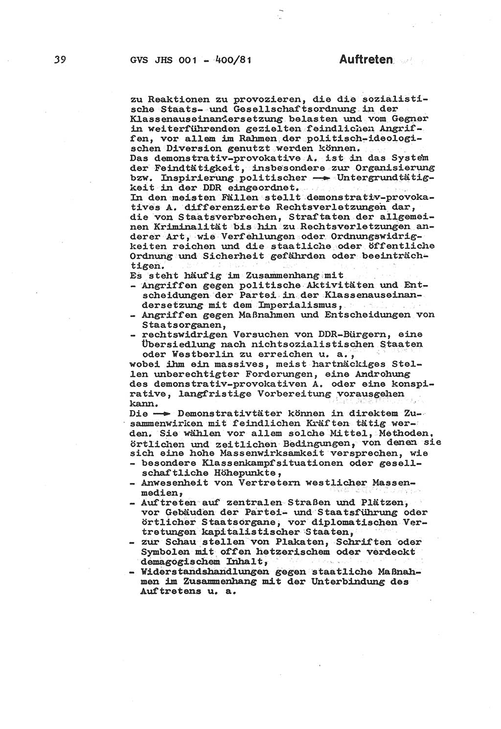 Wörterbuch der politisch-operativen Arbeit, Ministerium für Staatssicherheit (MfS) [Deutsche Demokratische Republik (DDR)], Juristische Hochschule (JHS), Geheime Verschlußsache (GVS) o001-400/81, Potsdam 1985, Blatt 39 (Wb. pol.-op. Arb. MfS DDR JHS GVS o001-400/81 1985, Bl. 39)