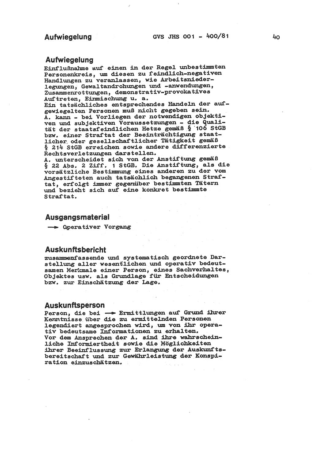 Wörterbuch der politisch-operativen Arbeit, Ministerium für Staatssicherheit (MfS) [Deutsche Demokratische Republik (DDR)], Juristische Hochschule (JHS), Geheime Verschlußsache (GVS) o001-400/81, Potsdam 1985, Blatt 40 (Wb. pol.-op. Arb. MfS DDR JHS GVS o001-400/81 1985, Bl. 40)